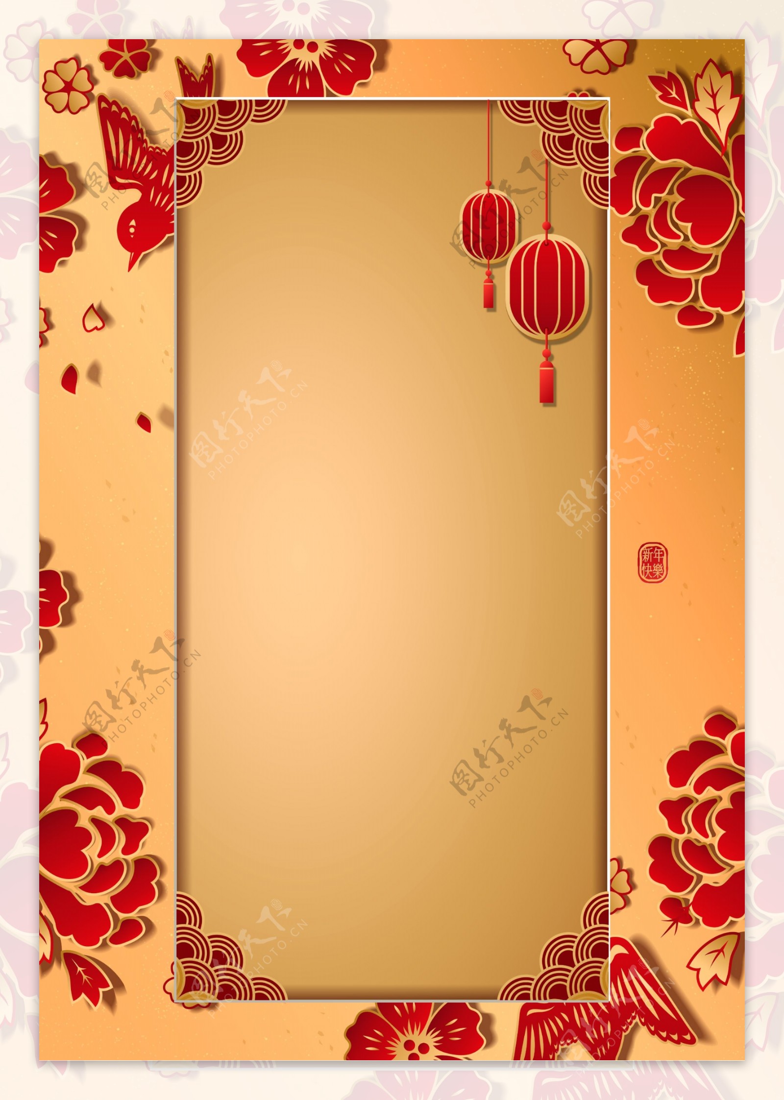 金色喜庆中国风灯笼牡丹新年背景素材