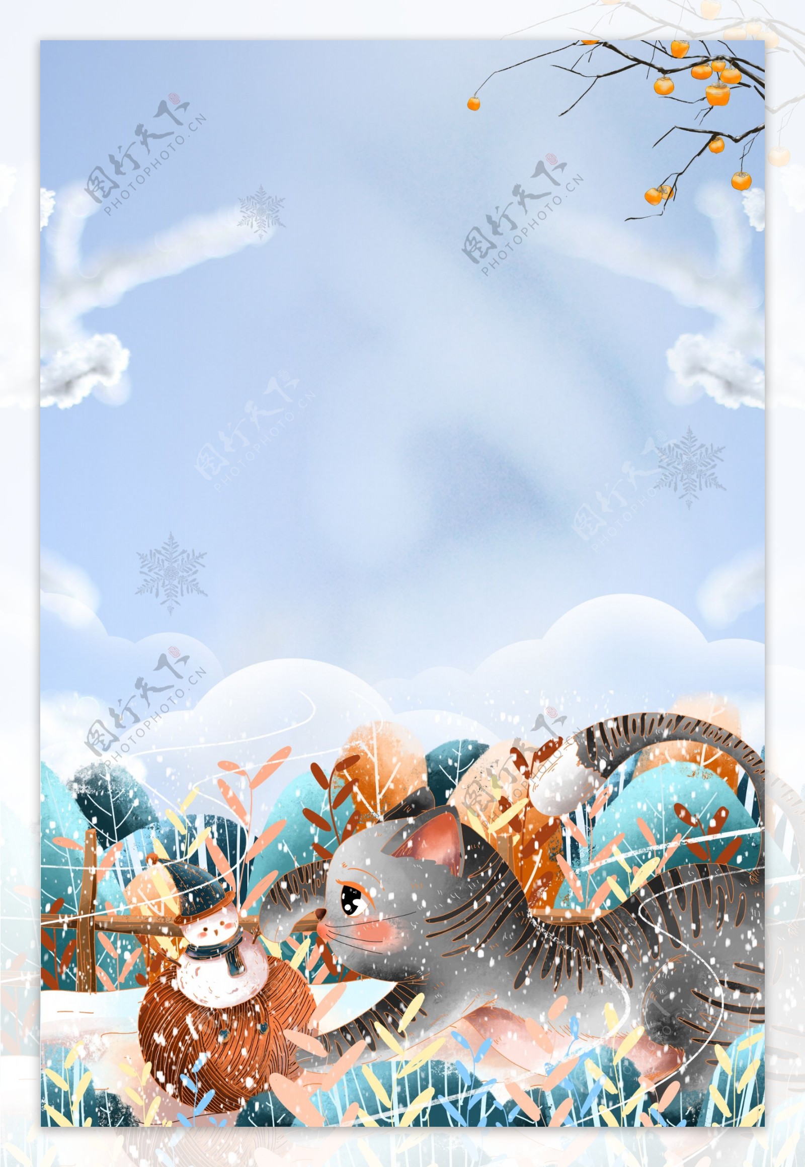 彩绘时尚大雪节气猫咪雪人背景素材