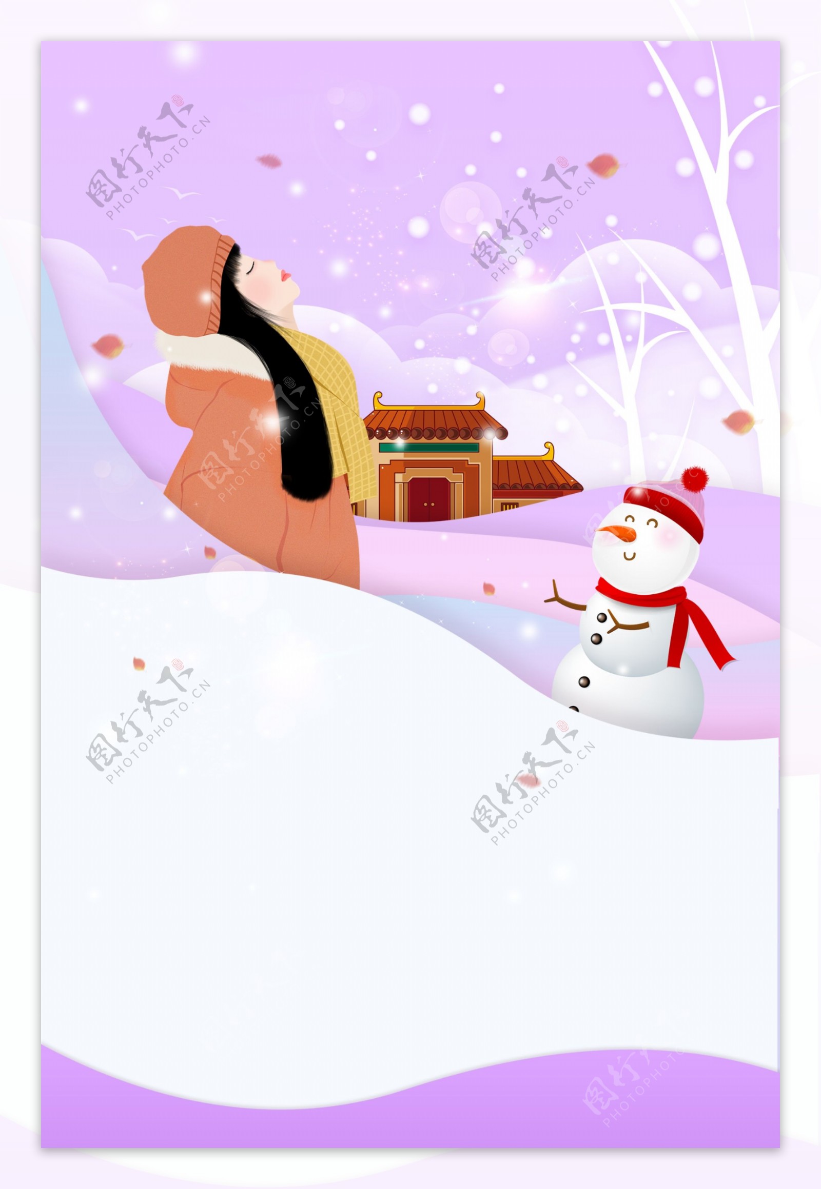 唯美小雪节气女孩与雪人背景设计
