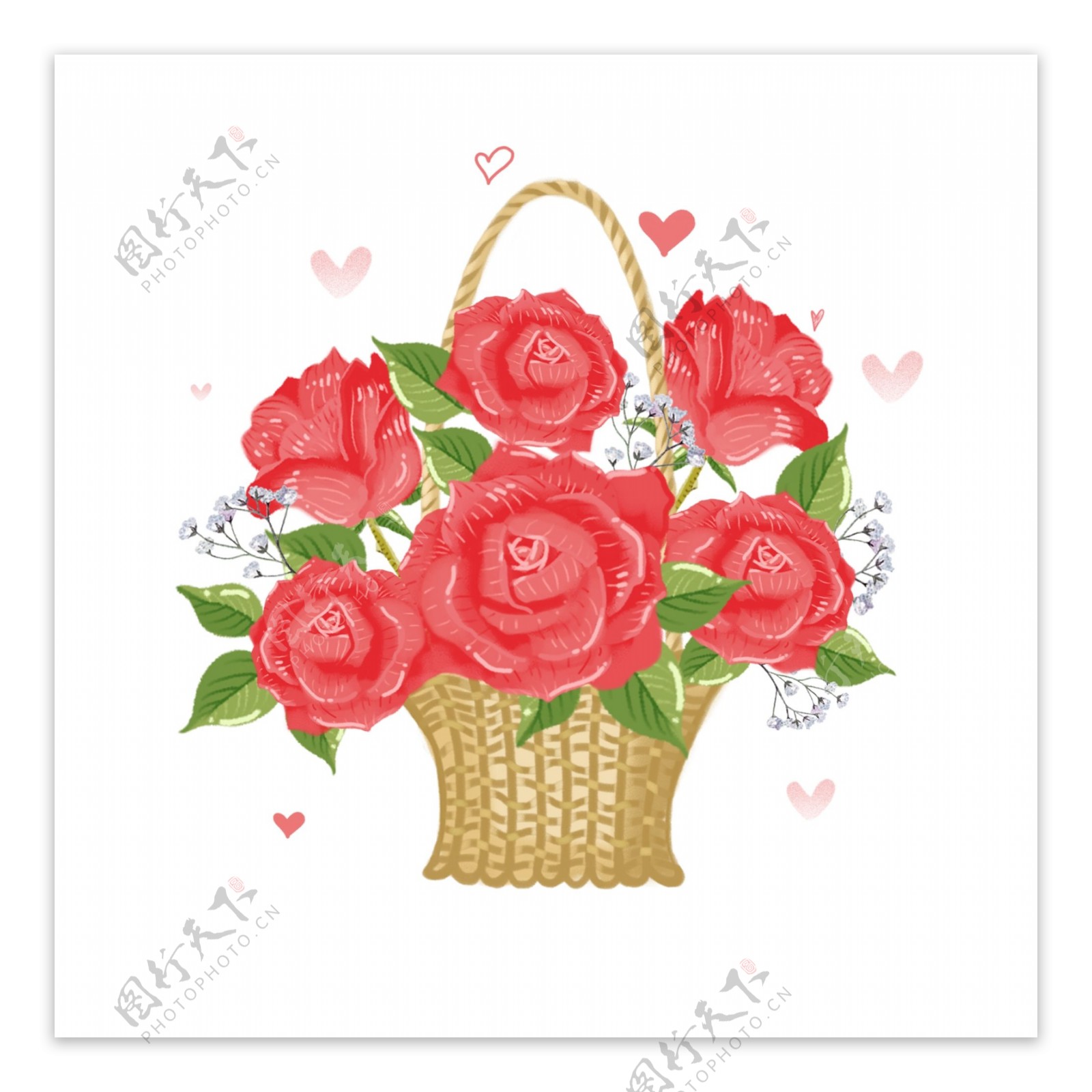 手绘浪漫玫瑰花篮植物花卉花朵清新情人节