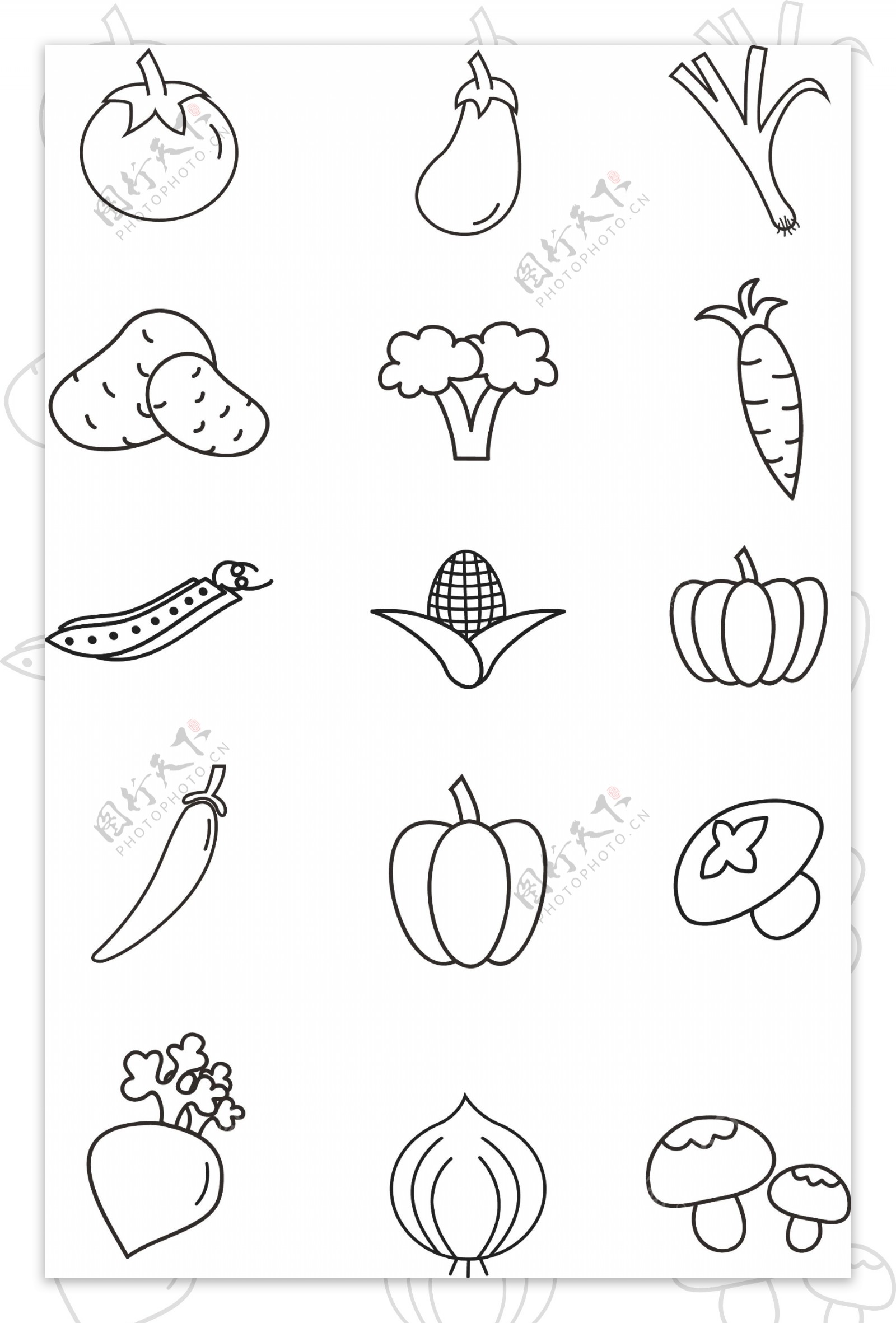 蔬菜简笔画icon黑白可商用元素