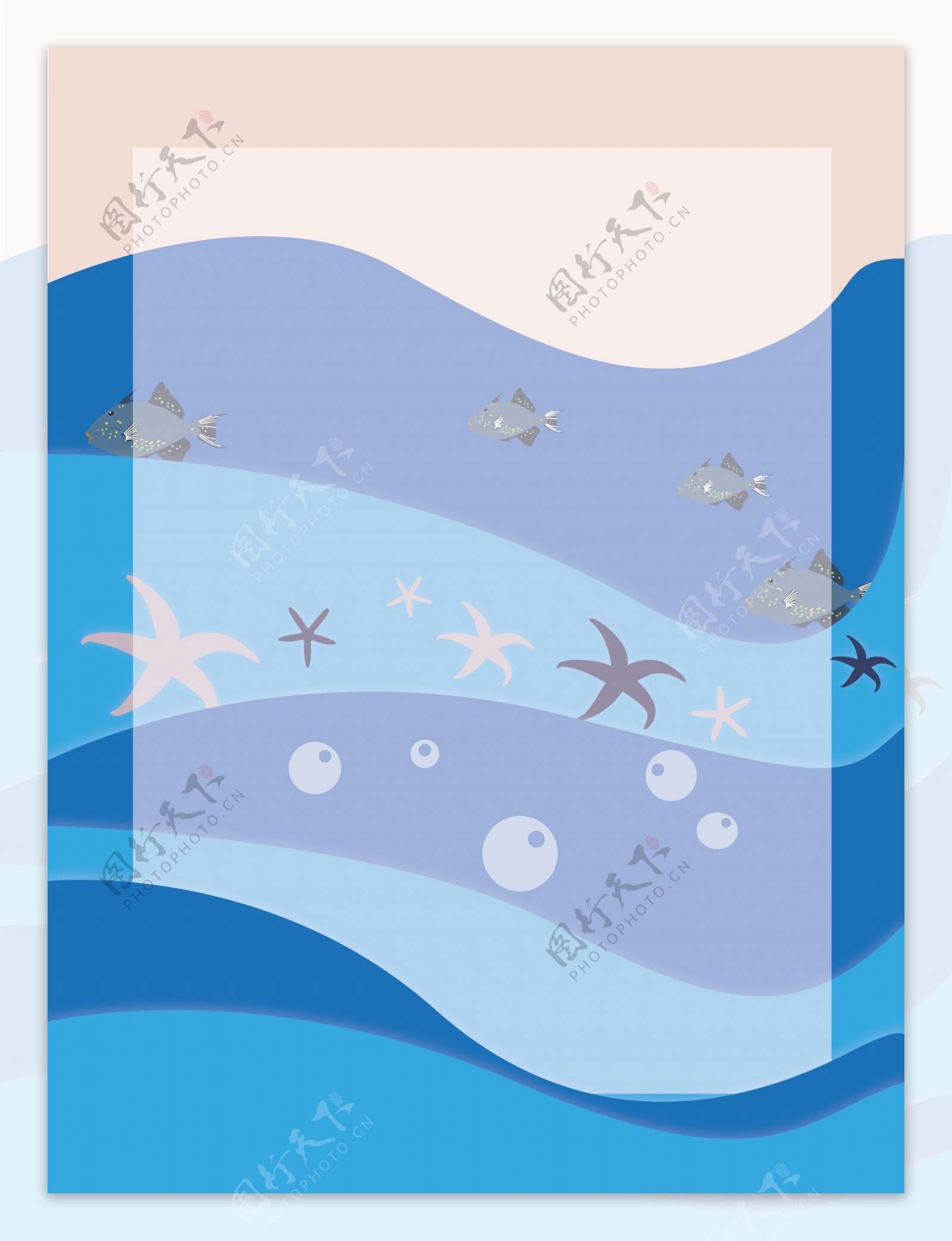 全原创蓝色波浪海洋小动物鱼类边框背景