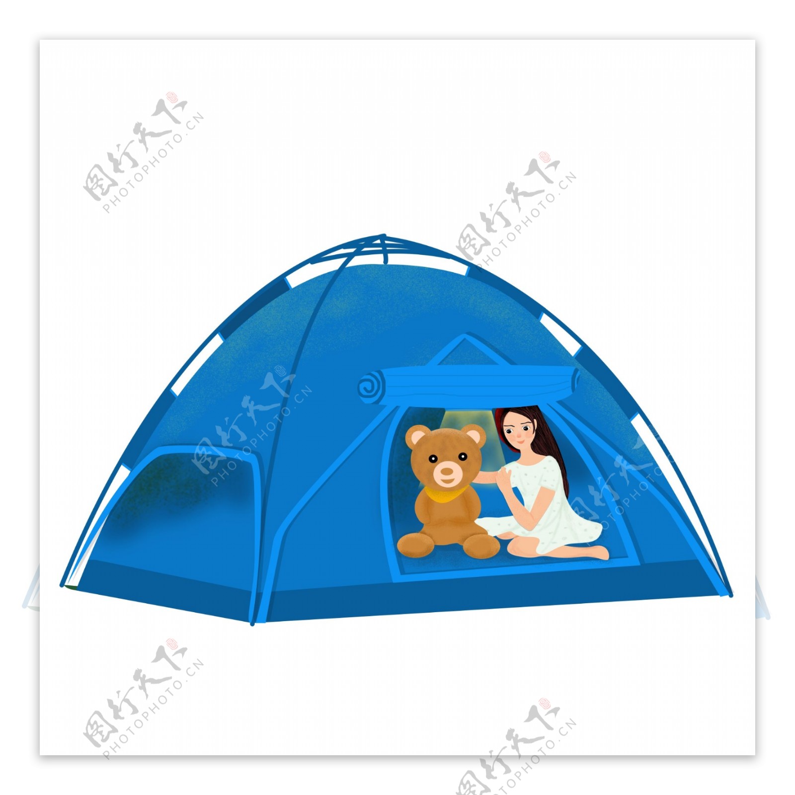 手绘帐篷里的女孩和小熊设计