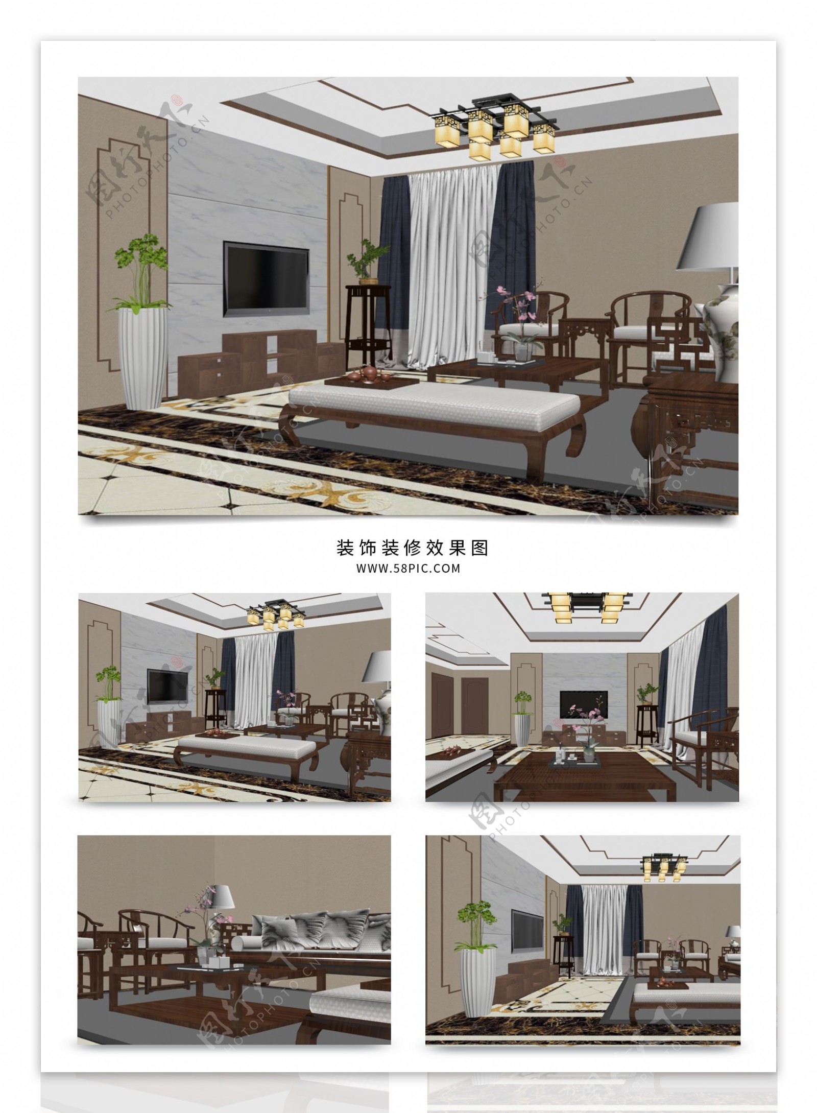 现代新中式风格家装客厅效果图