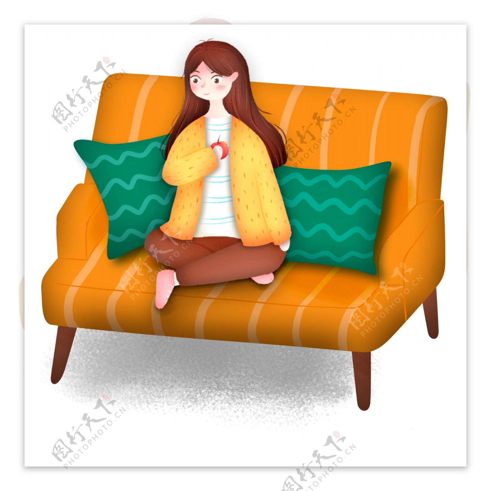 彩绘坐在沙发上吃苹果的女孩