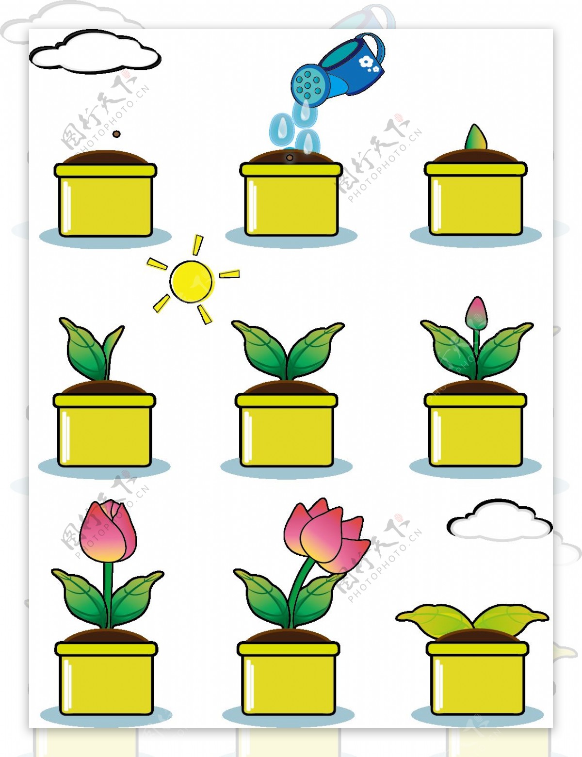 手绘风卡通渐变花朵植物生长过程套图元素