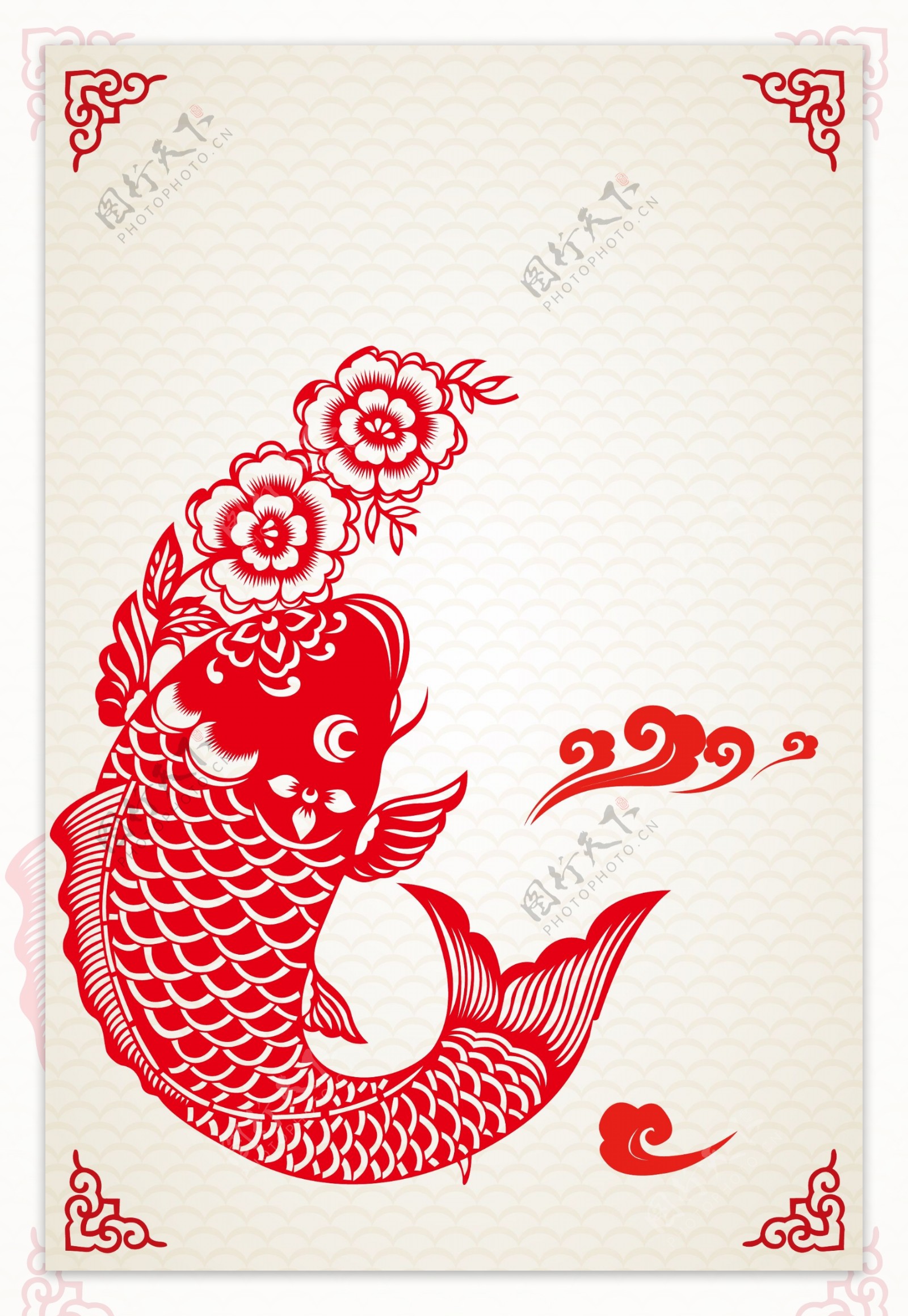 中国风剪纸年年有鱼新年背景