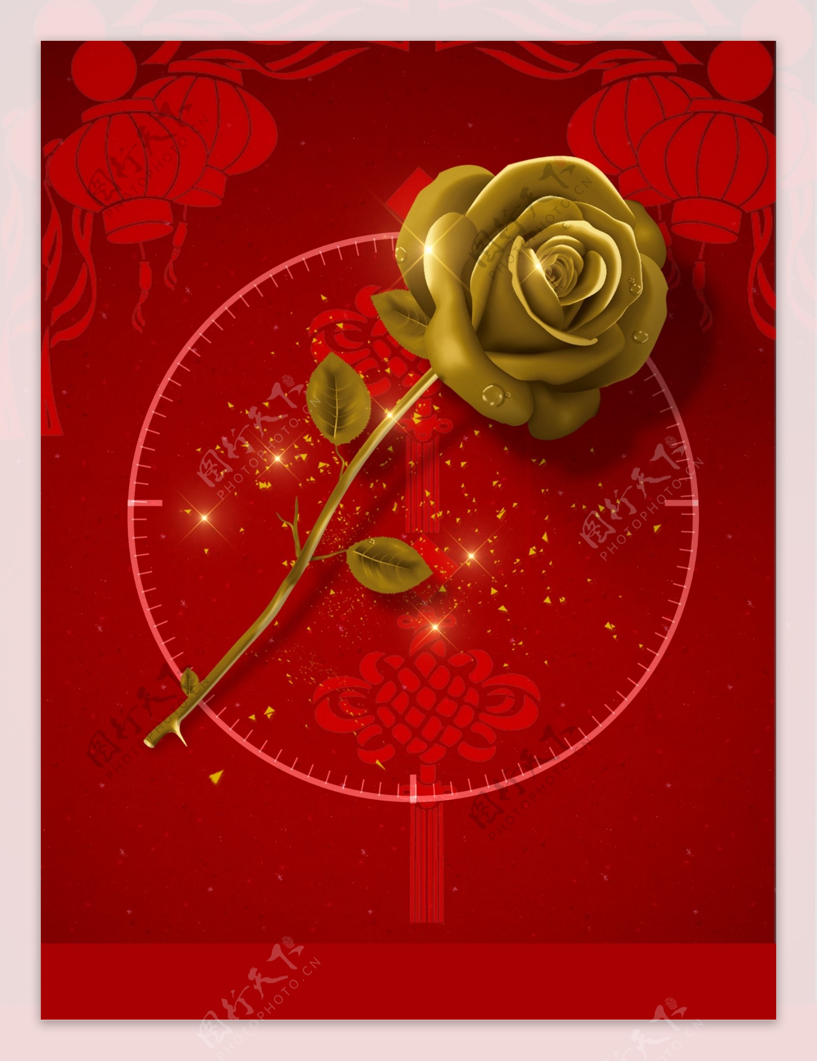 金色玫瑰大红底纹灯笼背景素材