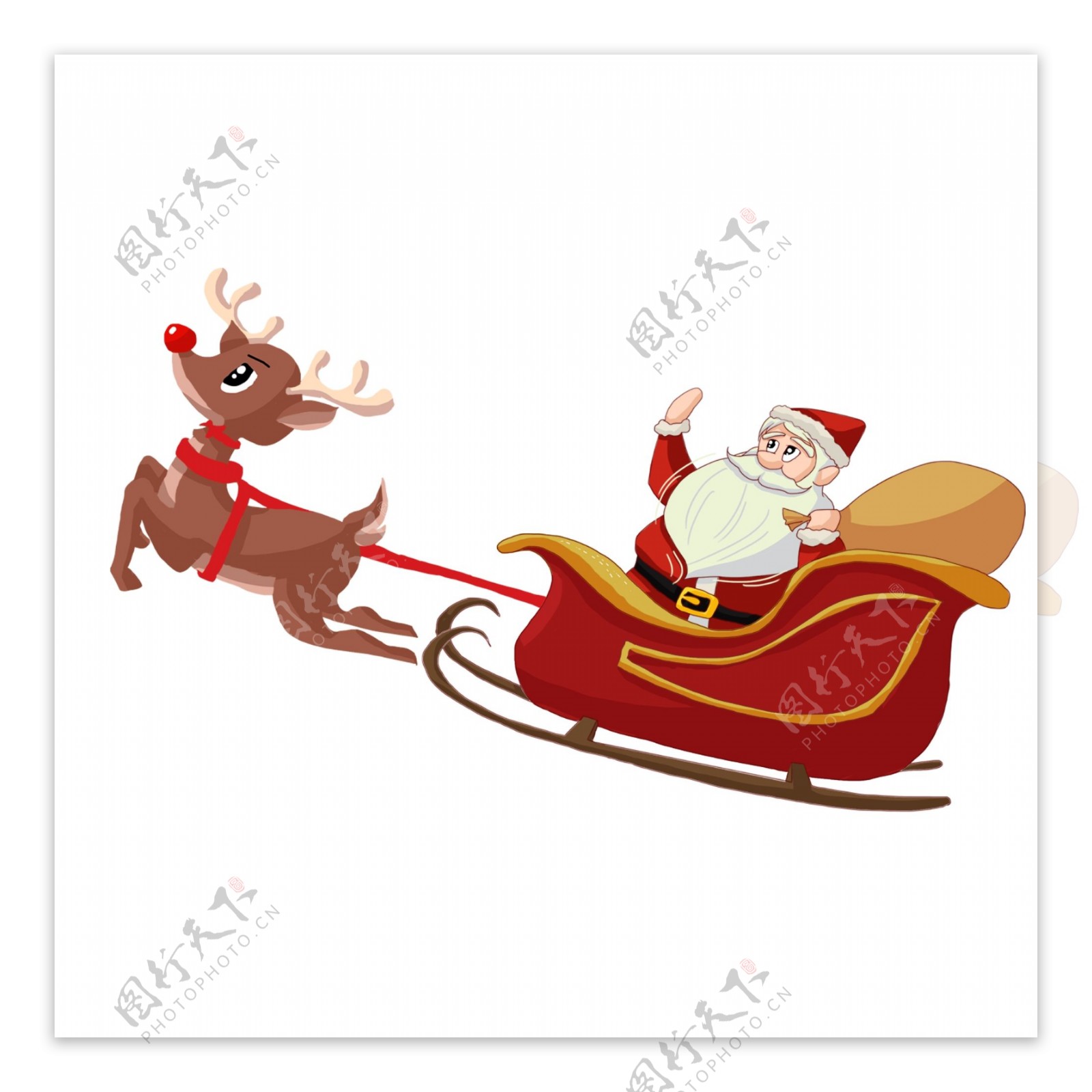 圣诞节驯鹿拉着雪橇里的圣诞老人