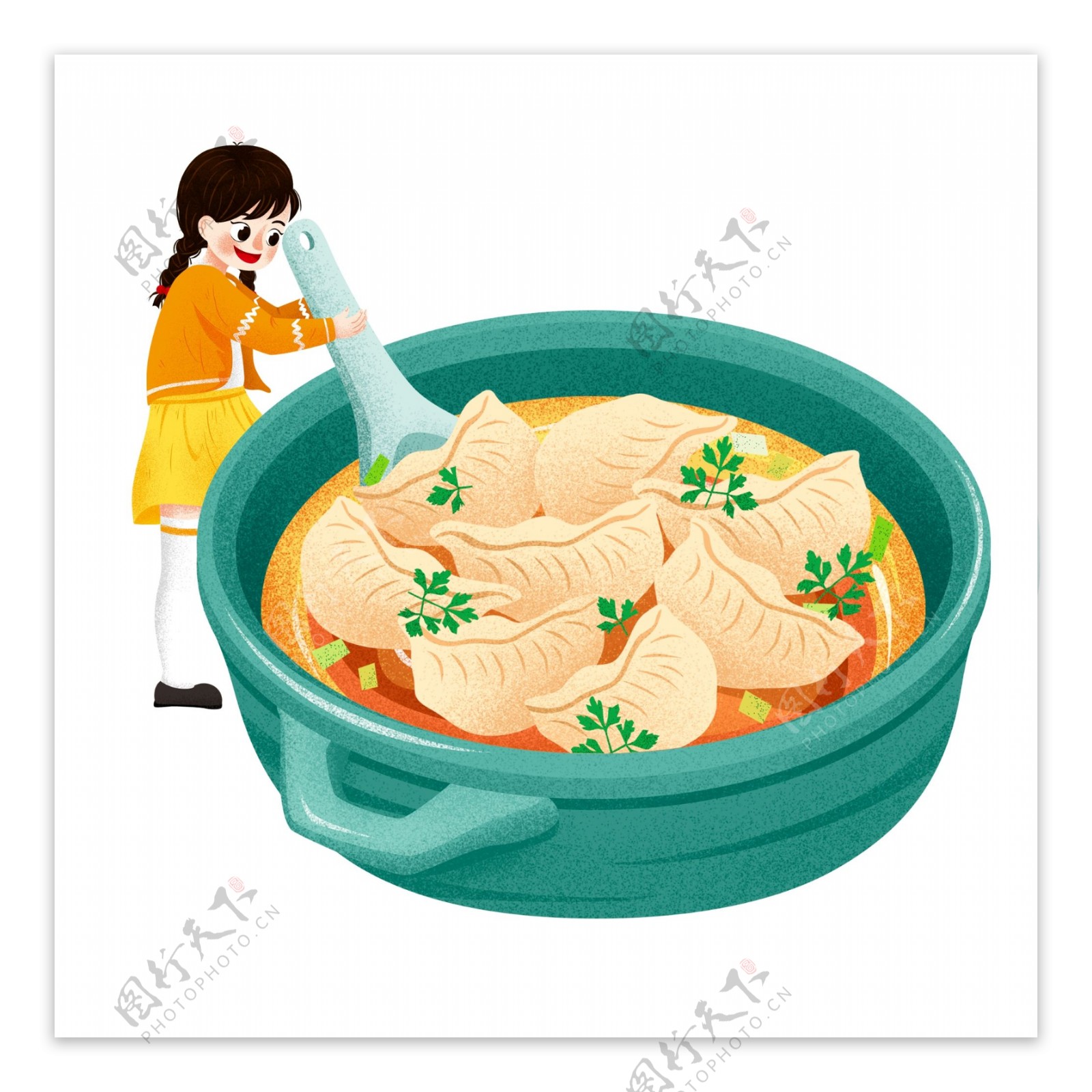 创意冬至吃饺子的女孩卡通素材