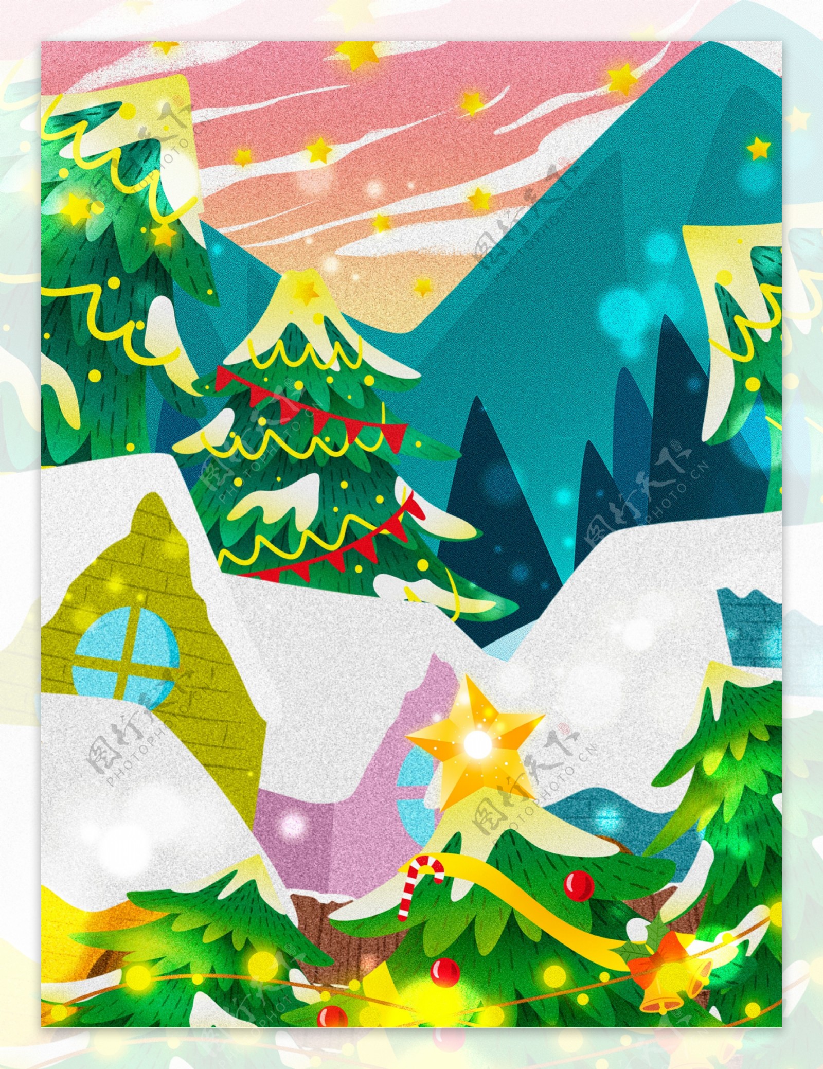 手绘炫彩天空圣诞树背景素材