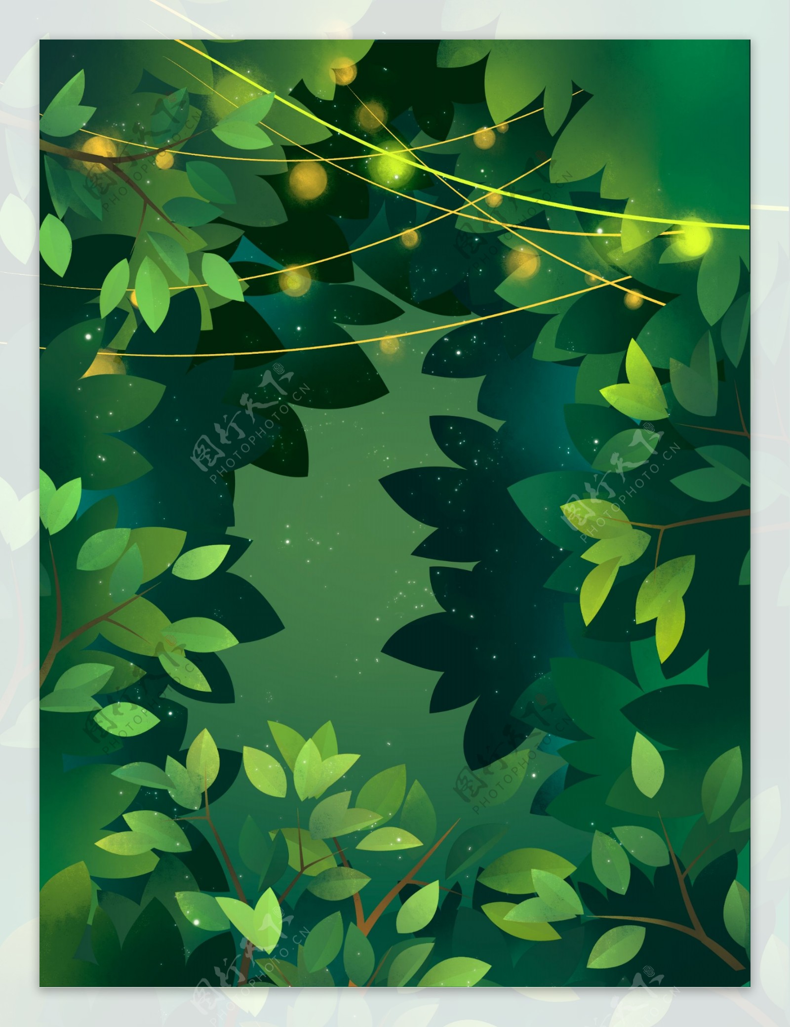 手绘圣诞节绿林里的彩灯背景