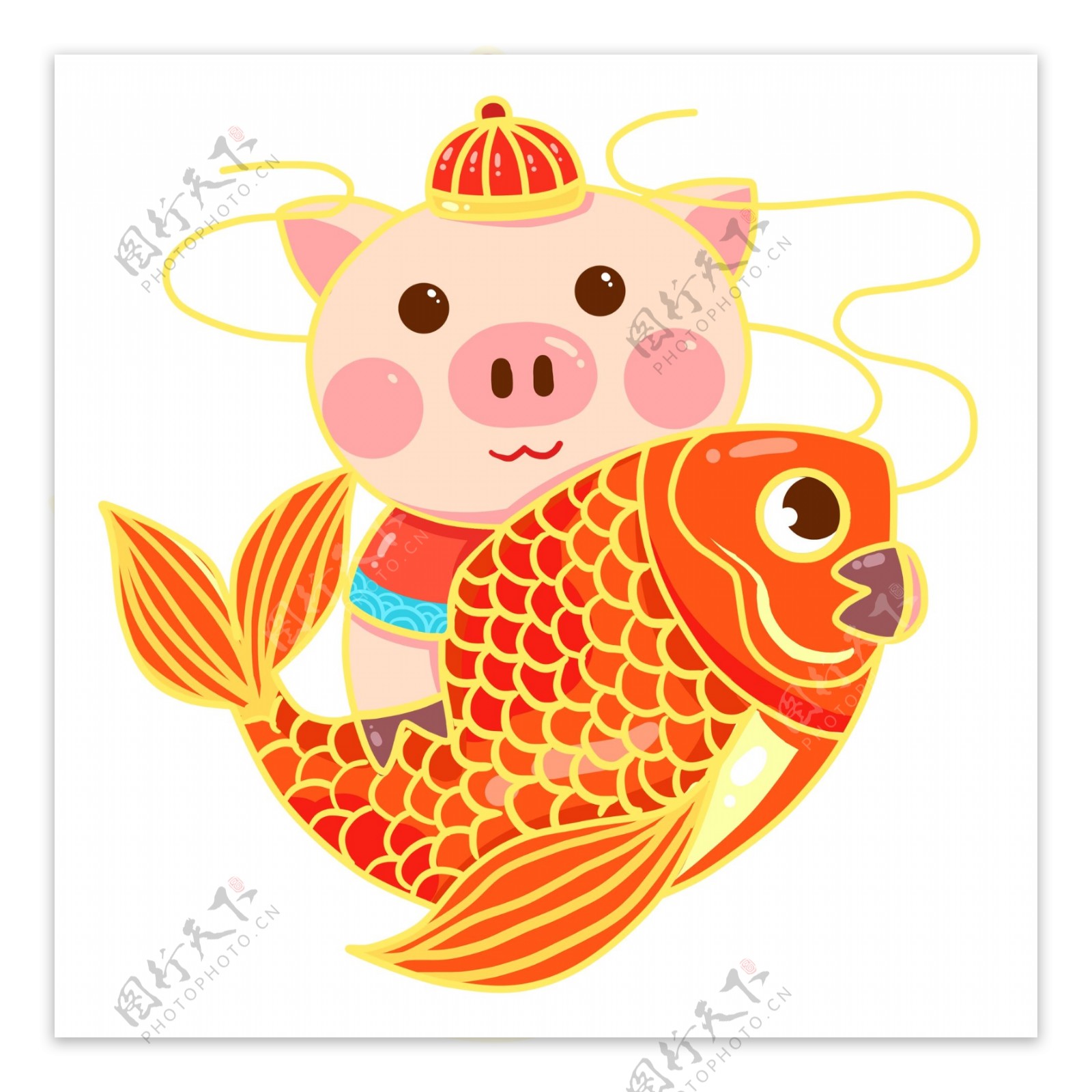 猪年卡通小猪和锦鲤流光溢彩设计
