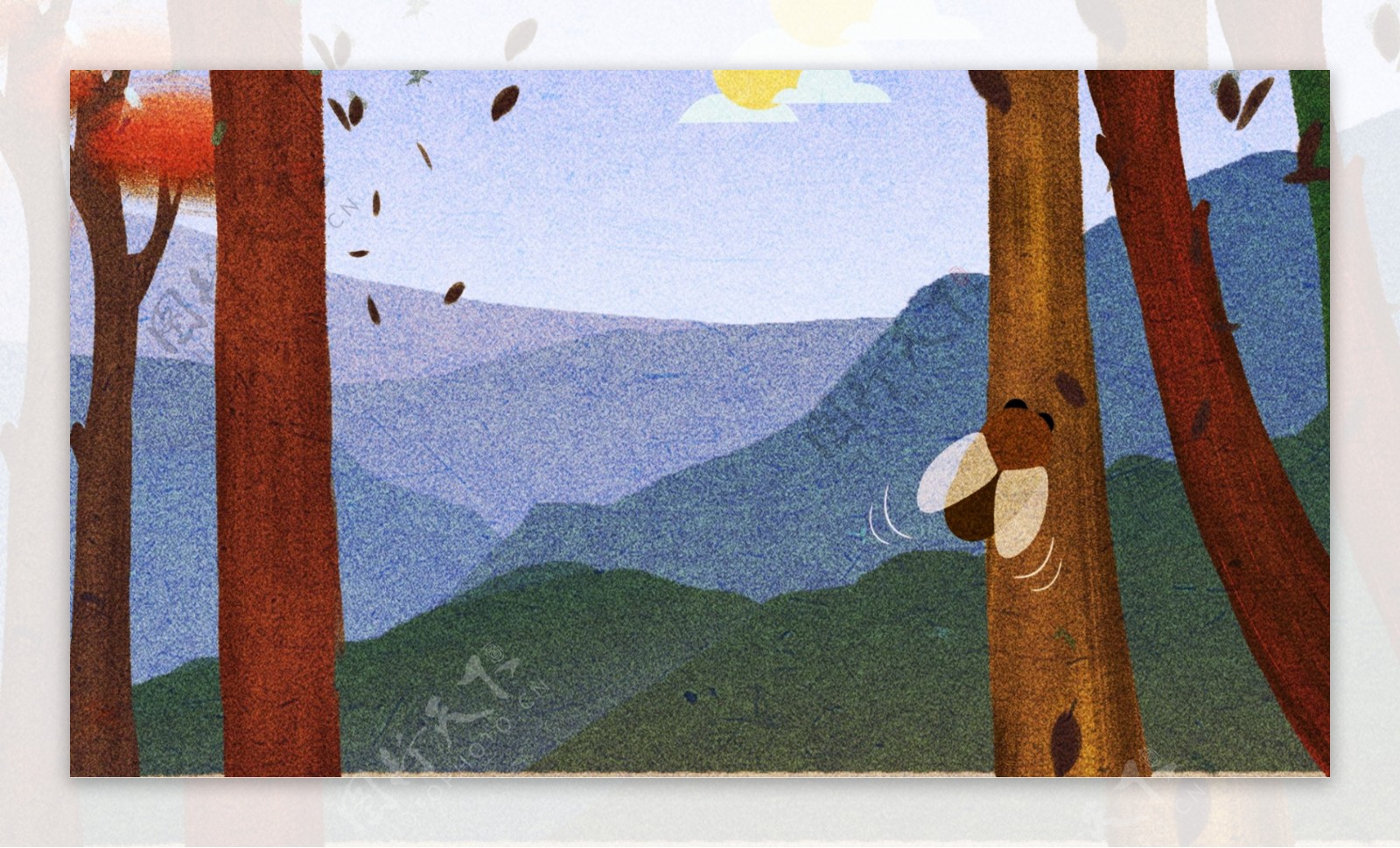 手绘卡通树林背景素材