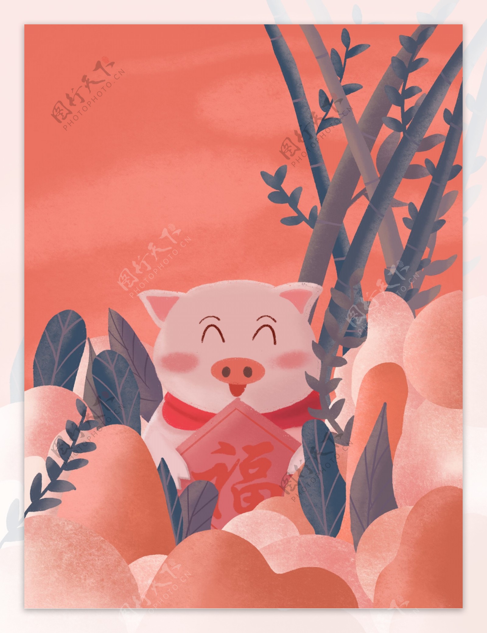 手绘珊瑚红调猪年快乐背景素材