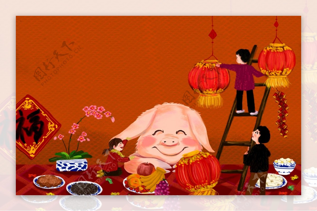 猪年春节原创手绘海报背景