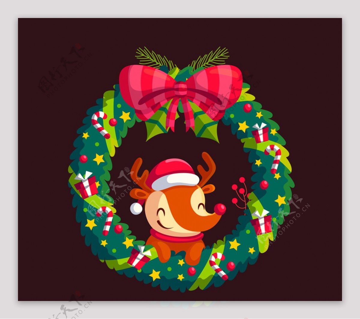 可爱圣诞花环里的笑脸狐狸