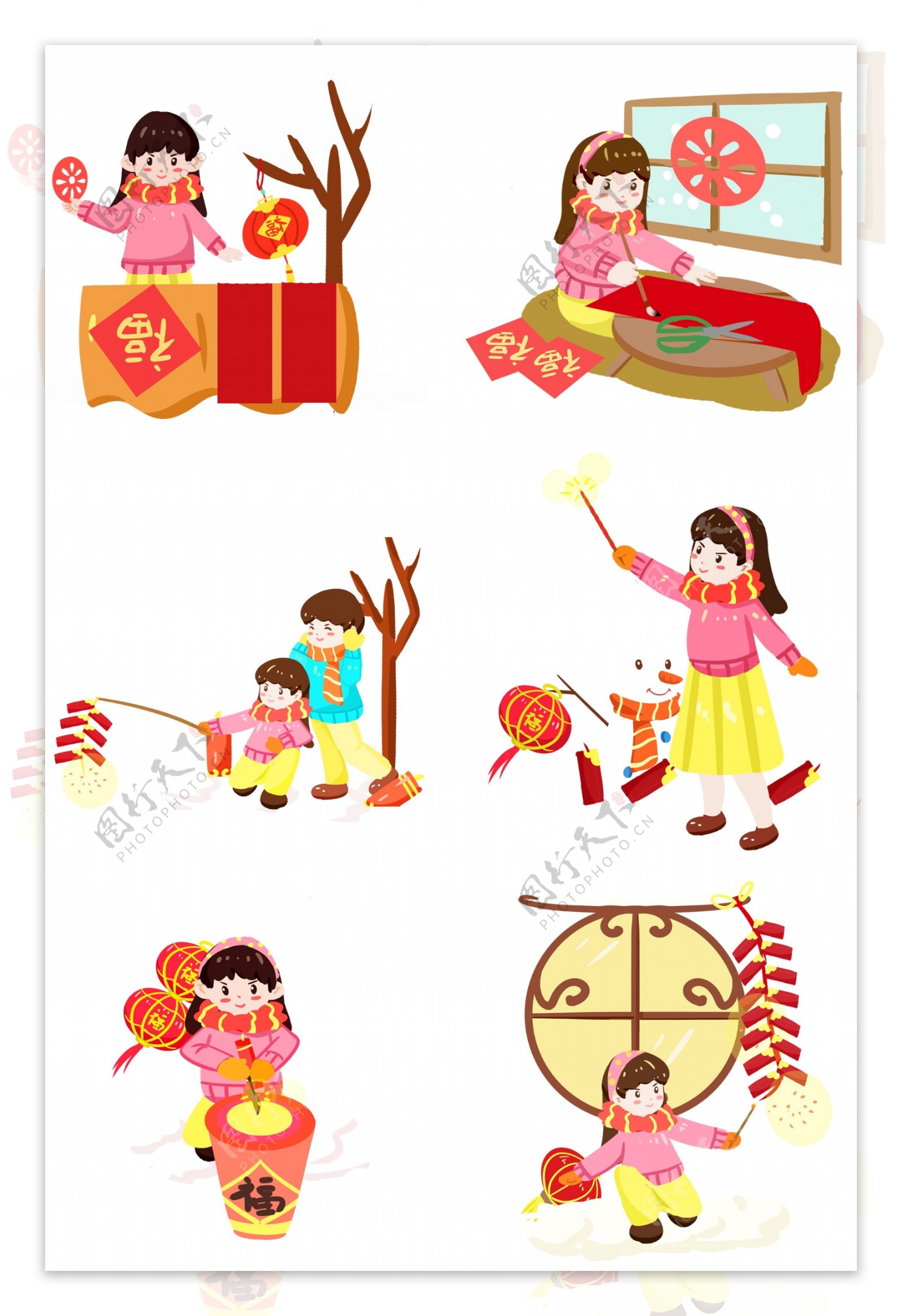 春节传统习俗写对联放鞭炮手绘插画