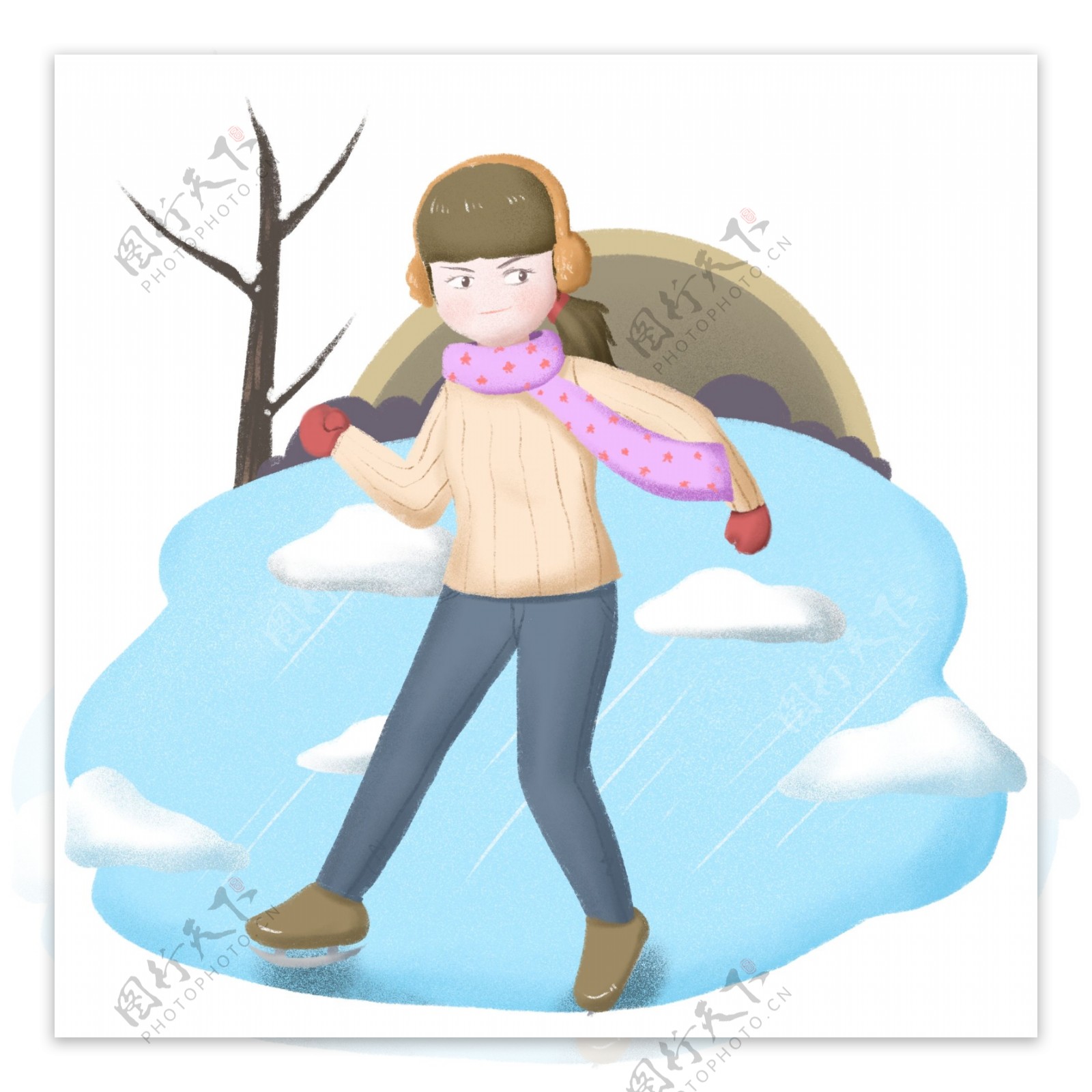 大寒滑雪的小女孩插画