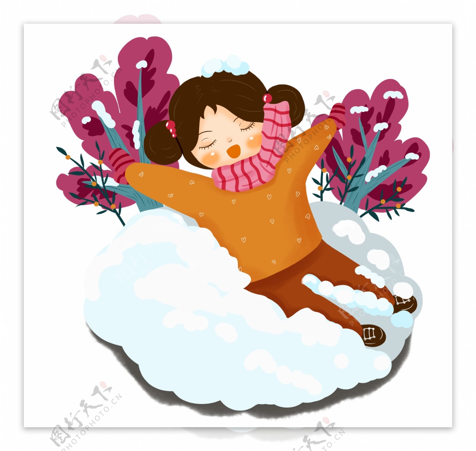 手绘躺在雪地里的女孩插画