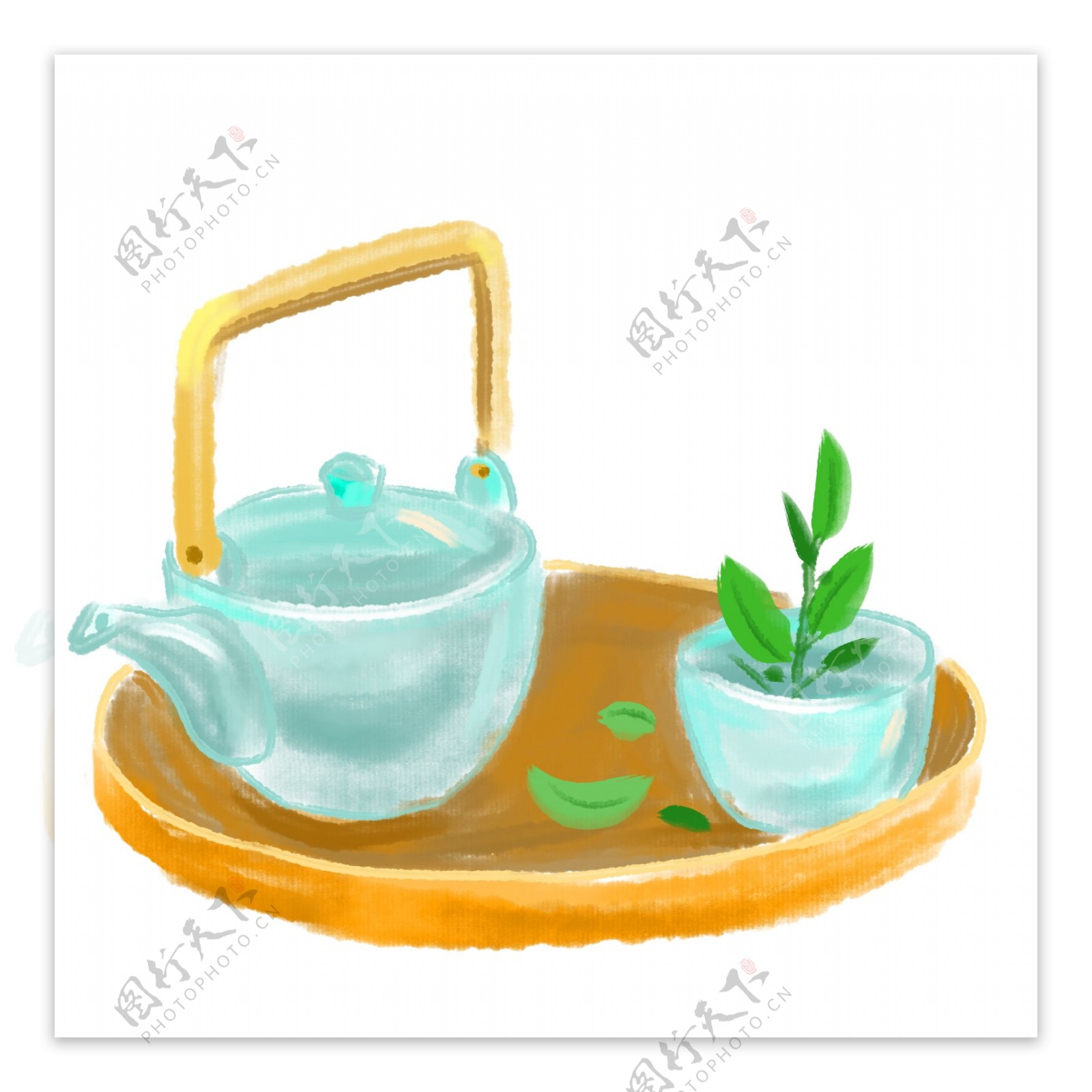 手绘蓝色的茶壶插画