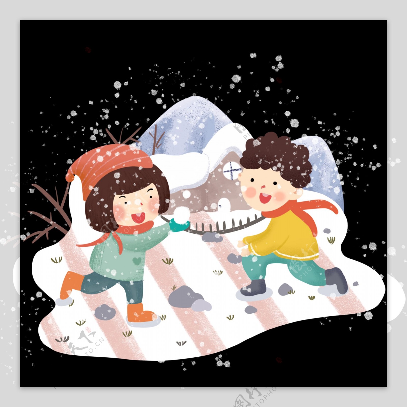 冬季雪地场景蓝色手绘插画雪地场景PNG
