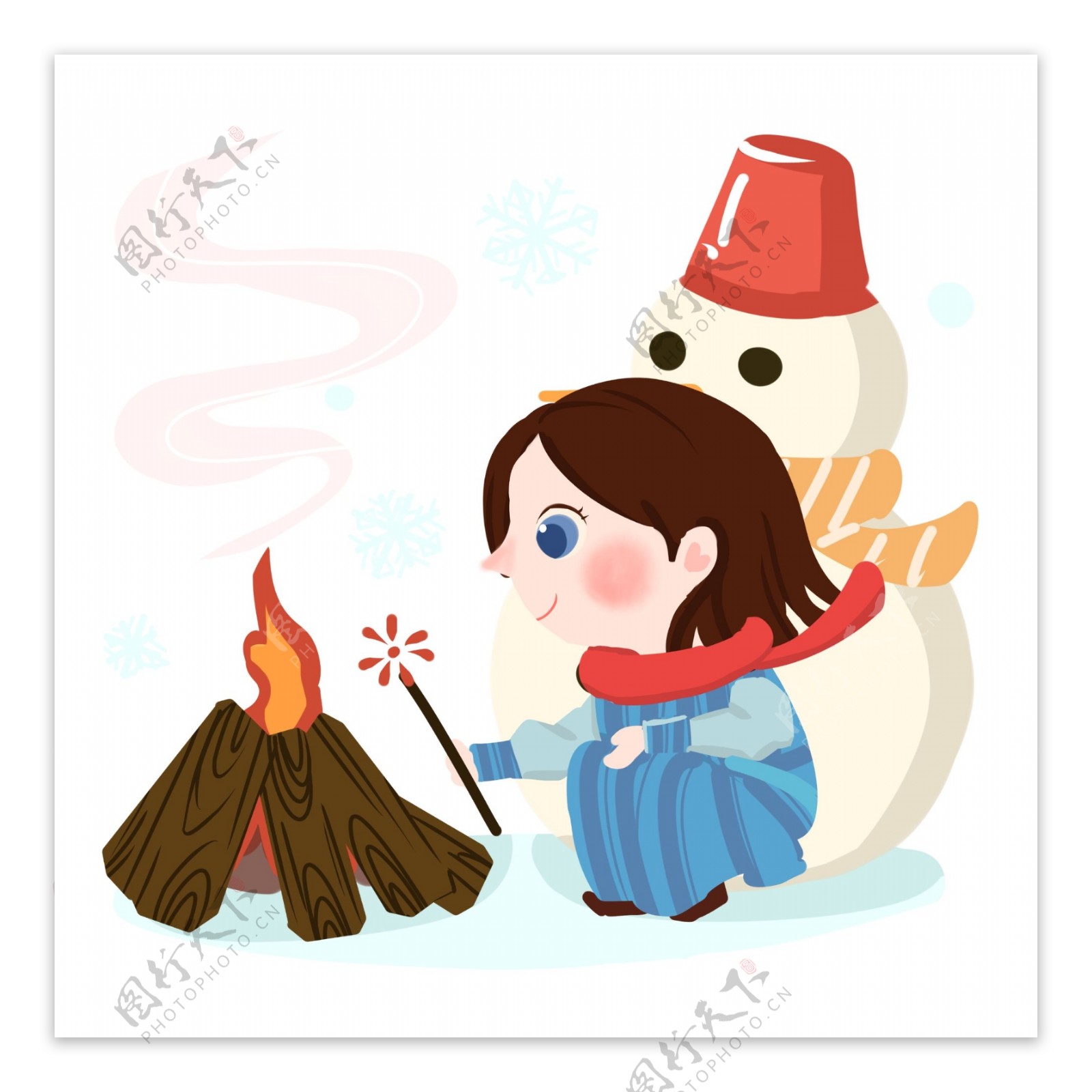 雪地活动之卡通女孩取暖PNG素材
