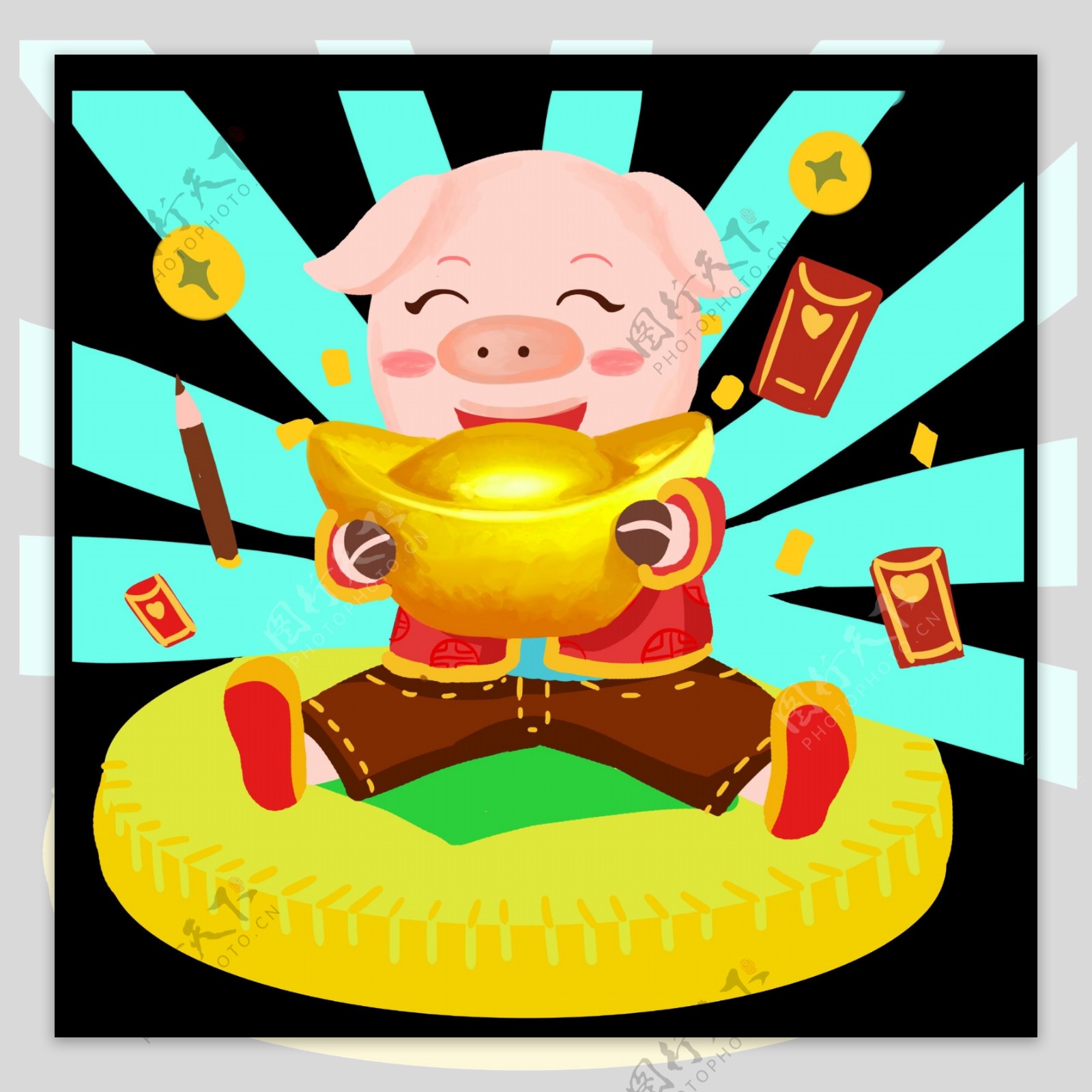 新年猪元宝手绘卡通人物PNG素材