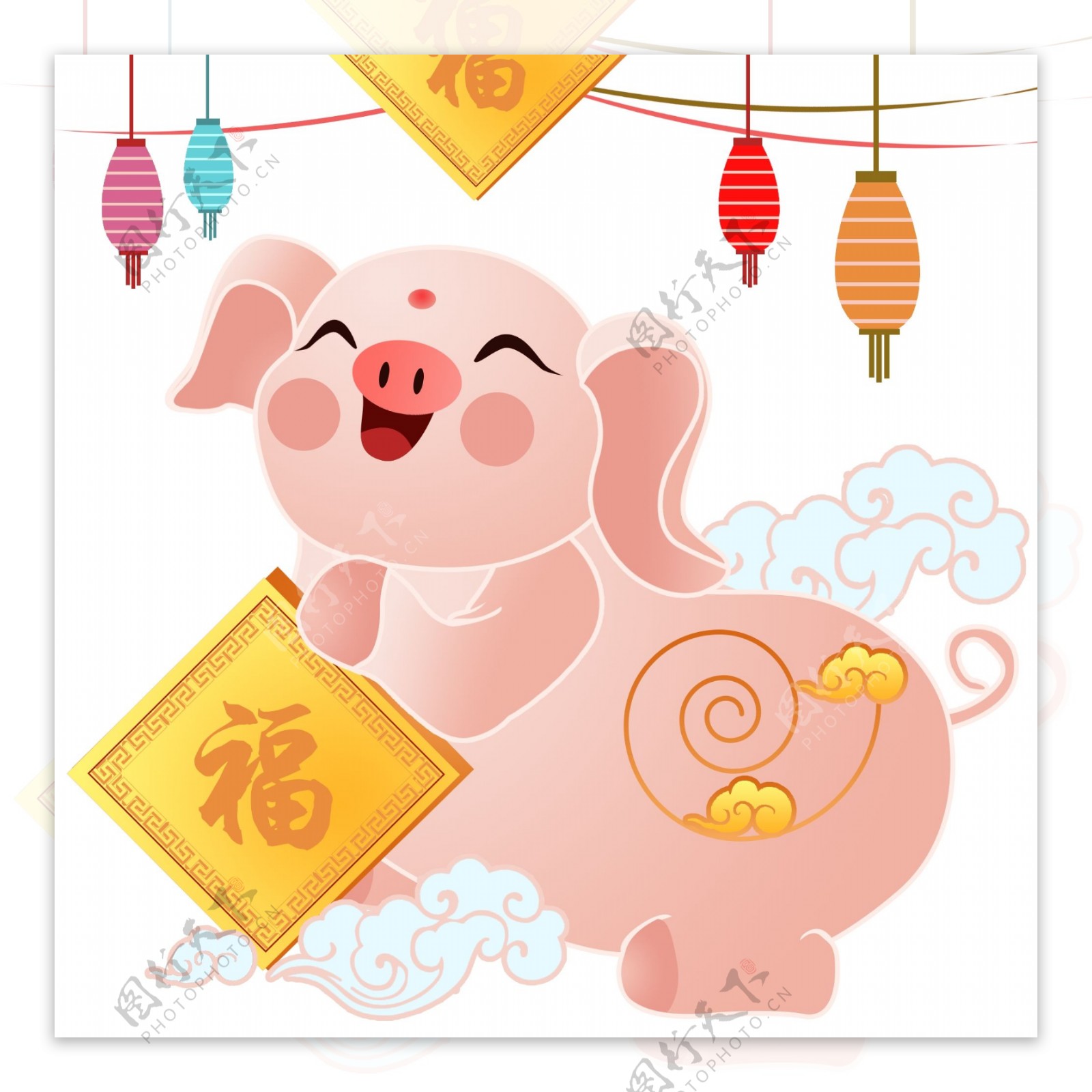 猪年粉色猪猪送福手绘