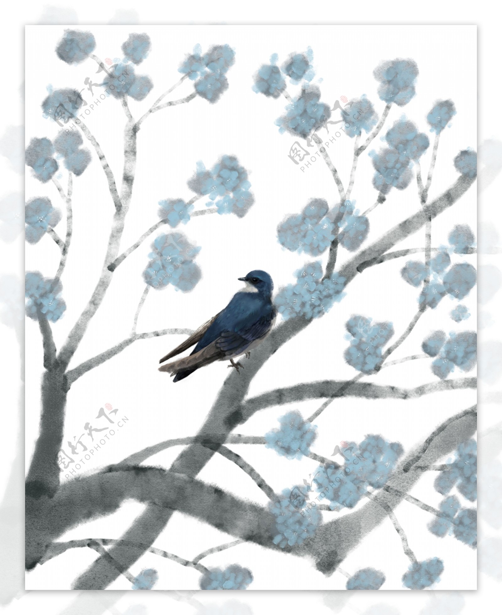 手绘大树和鸟插画