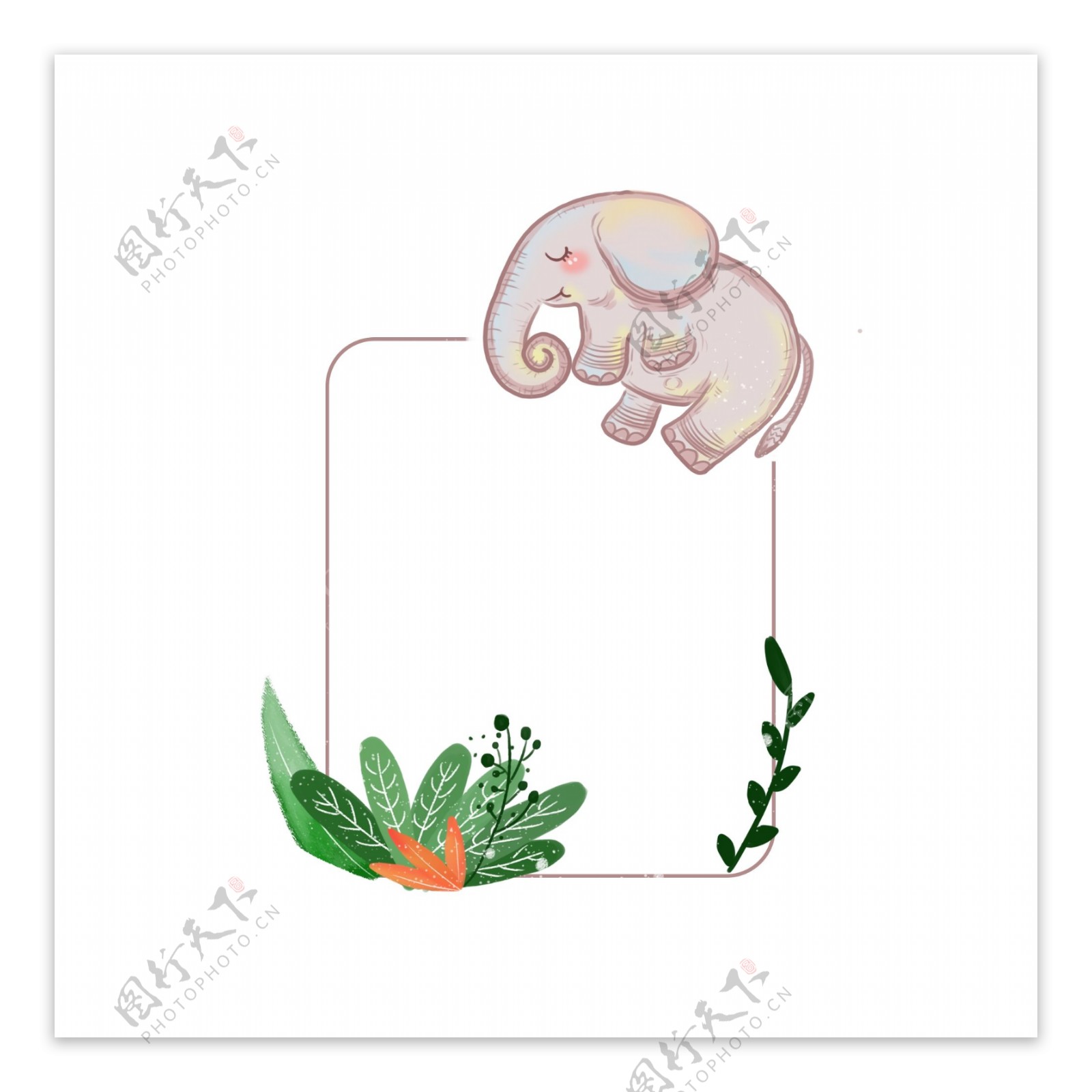 手绘卡通可爱动物边框植物大象睡觉热带元素
