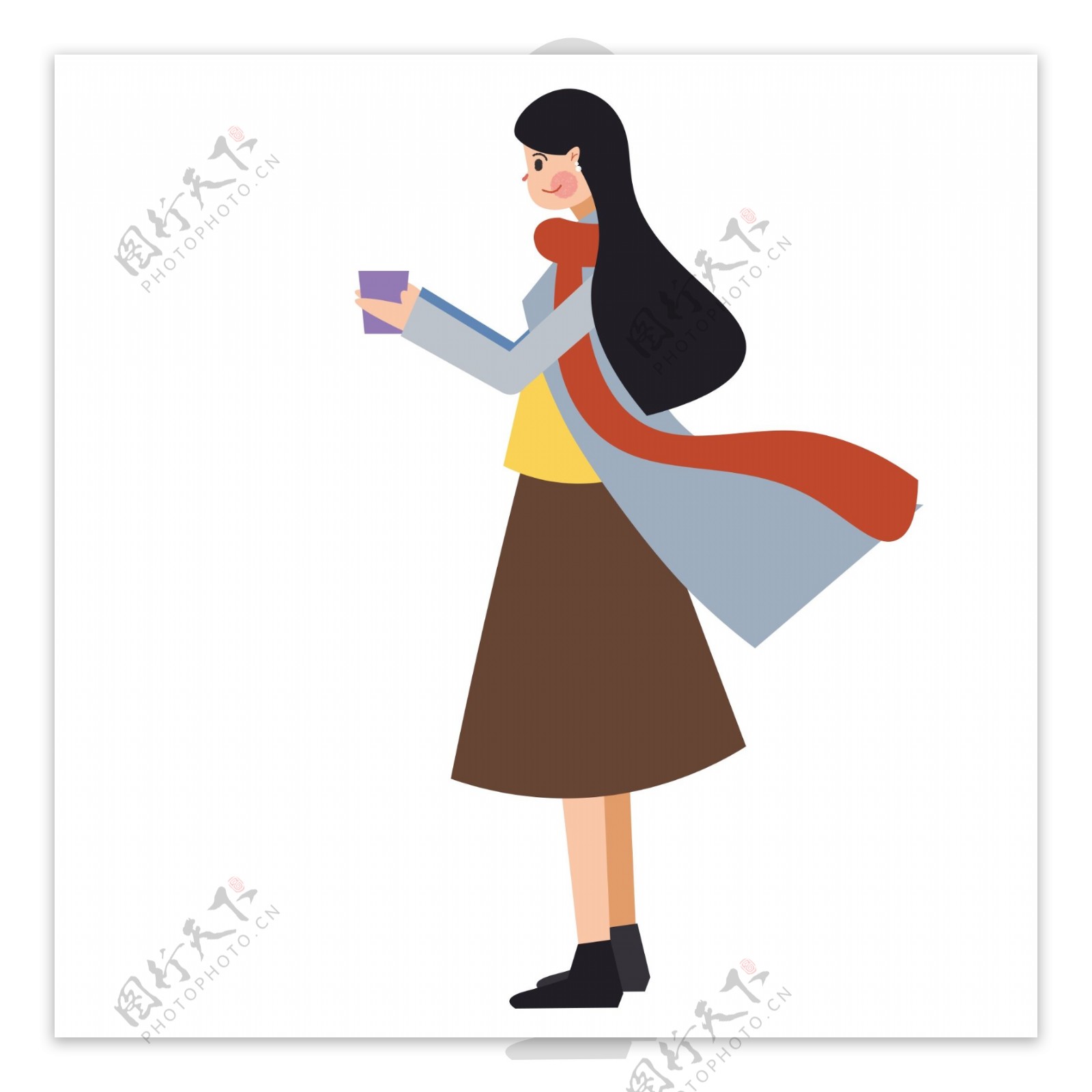 卡通可爱拿着一杯茶的女孩