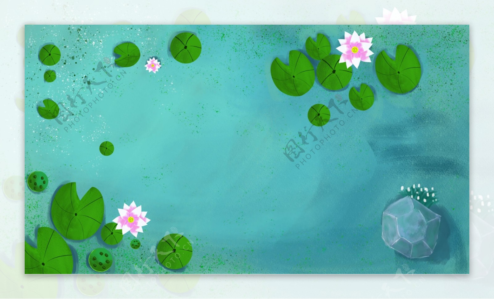 手绘水彩荷花蓝色池塘背景素材