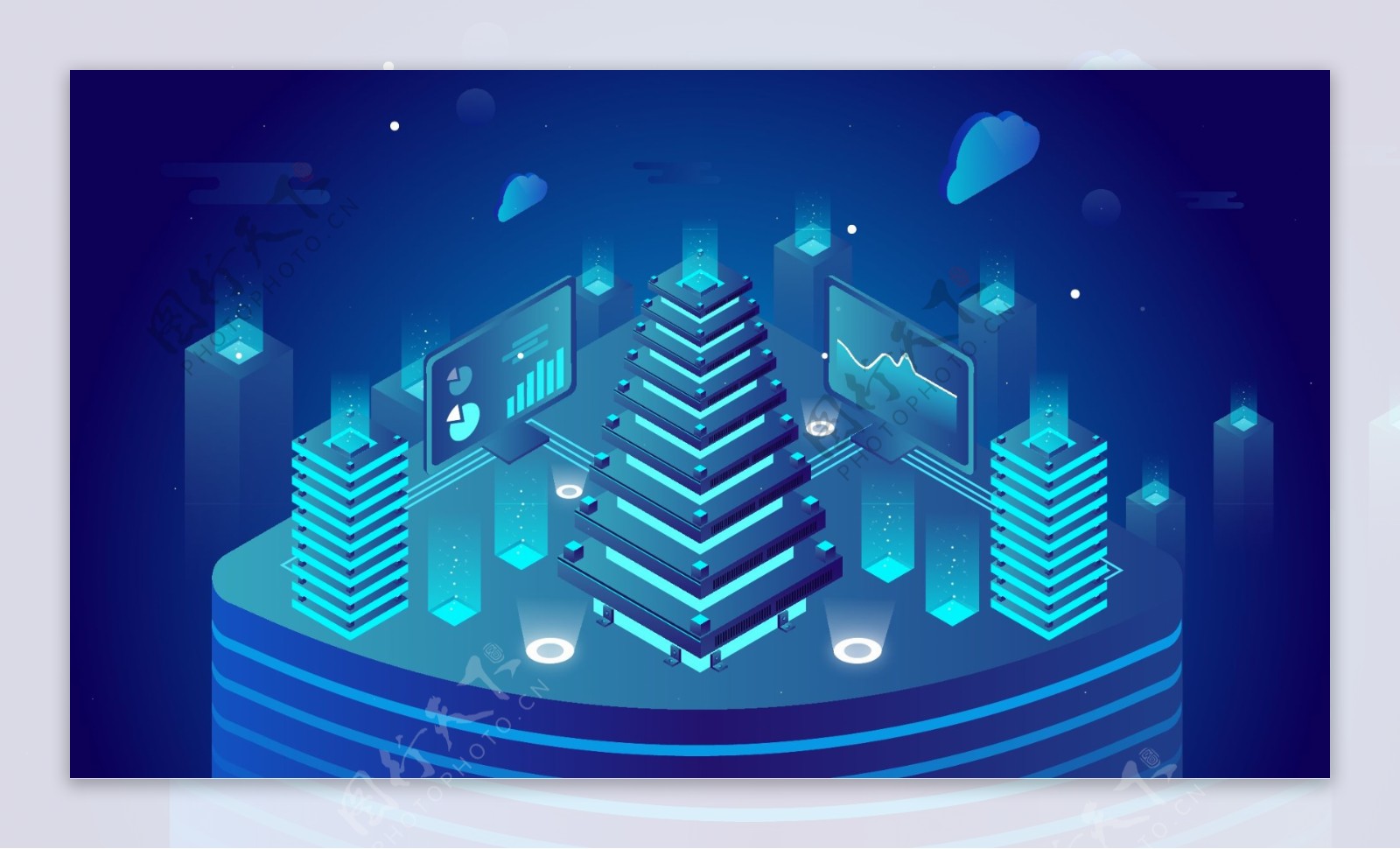 蓝色科技2.5D未来商务立体城市矢量插画