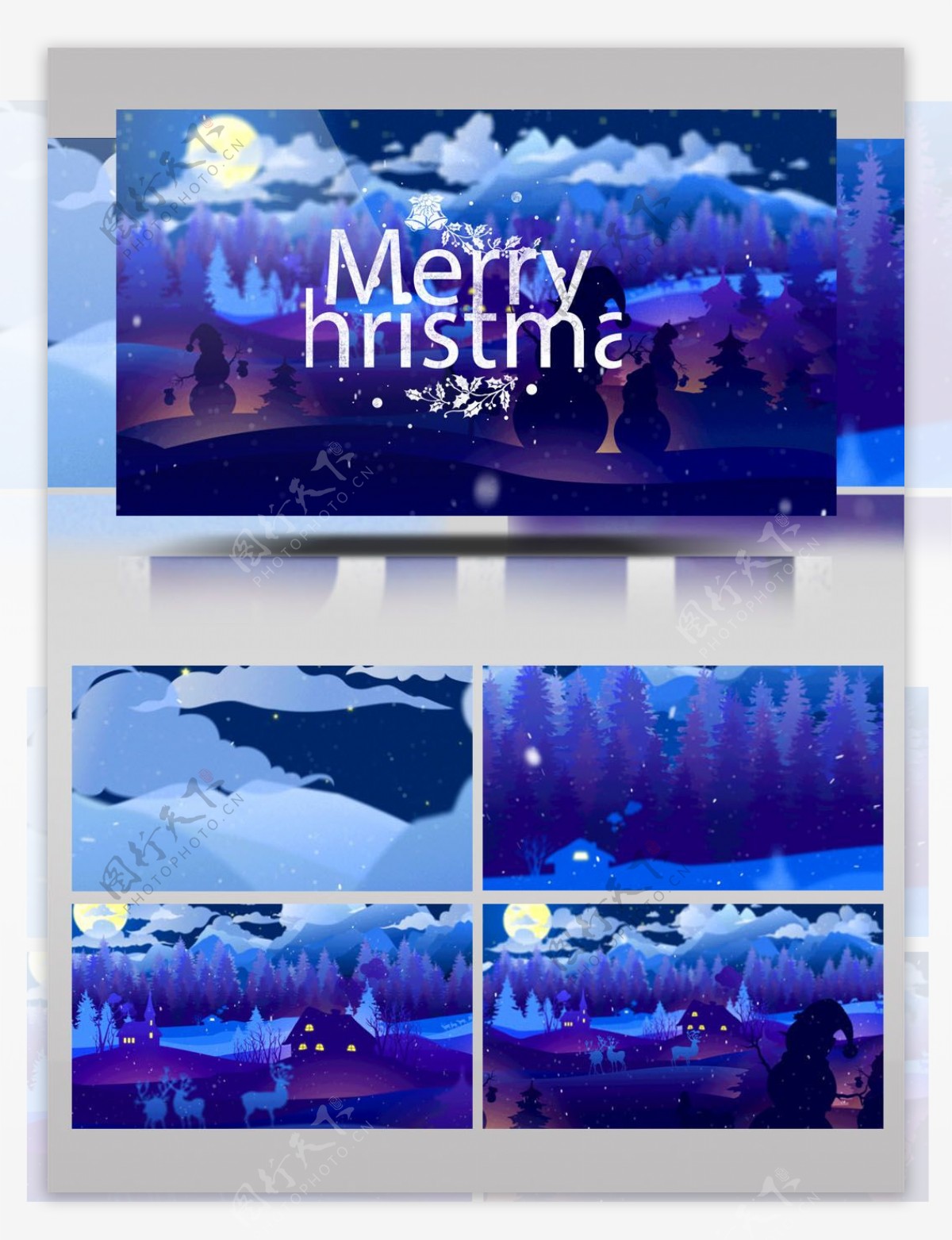 冬日夜晚村庄的蓝色圣诞节开场动画ae模板