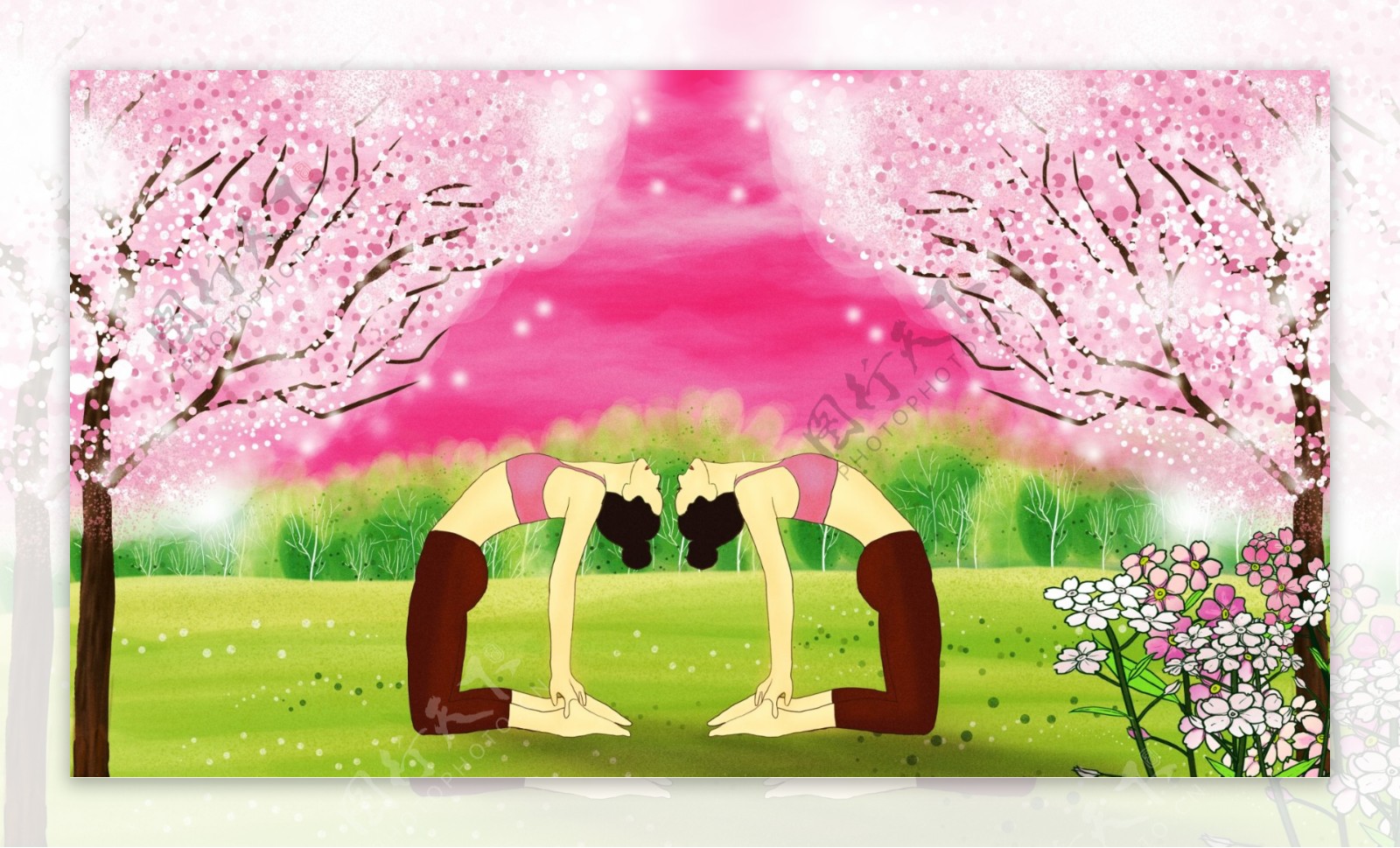 健身户外瑜珈卡通人物暖色系风景插画系列7