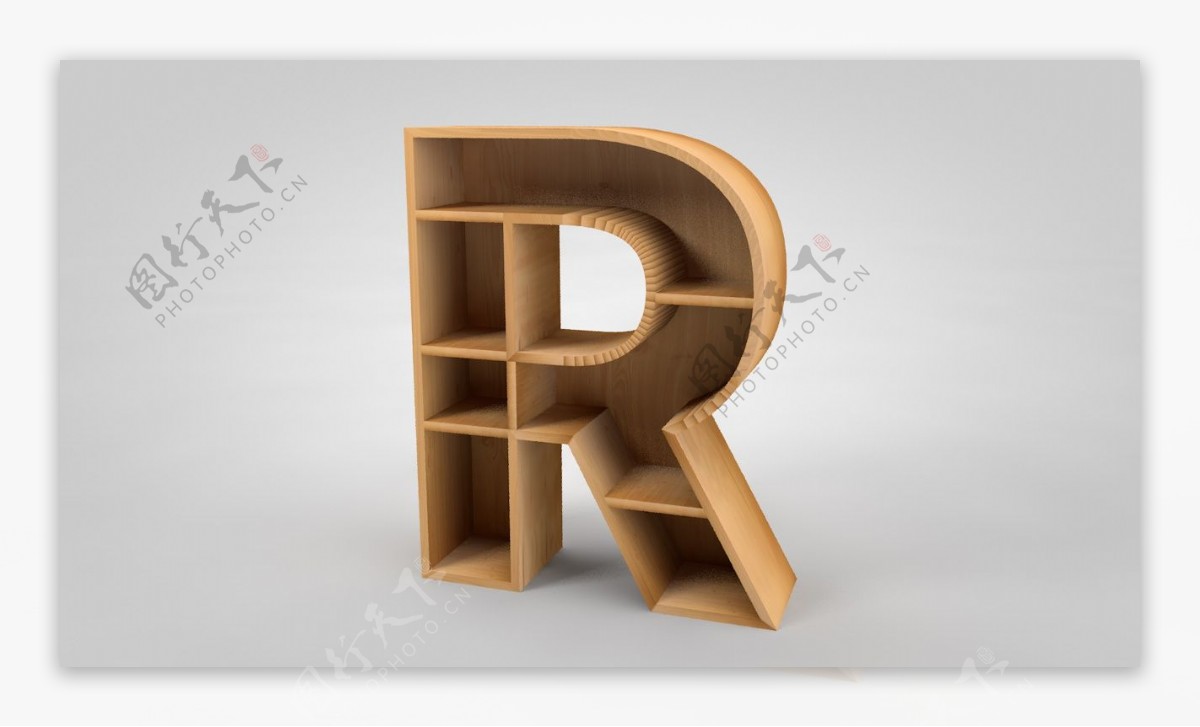字母R形木质现代货架书架木架C4D建模