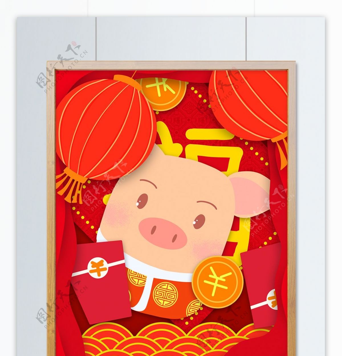 猪年春节剪纸风插画