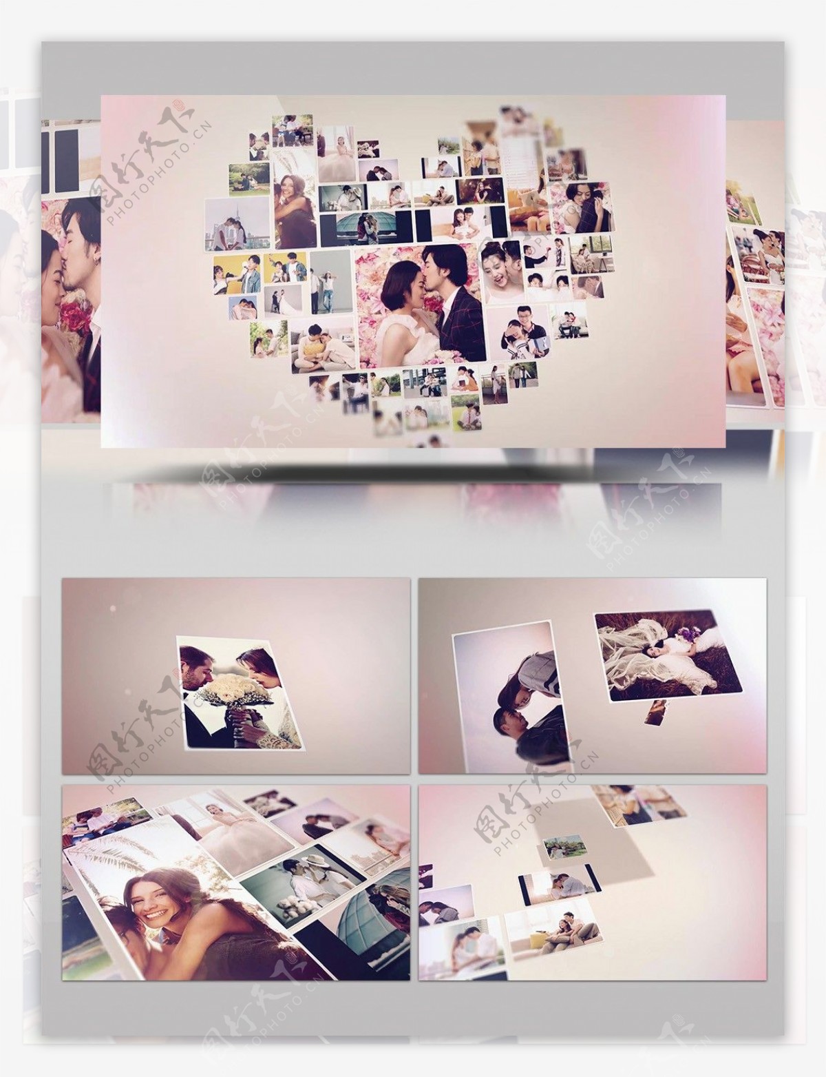 降落爱心拼图婚礼摄影照片视频专辑AE模板