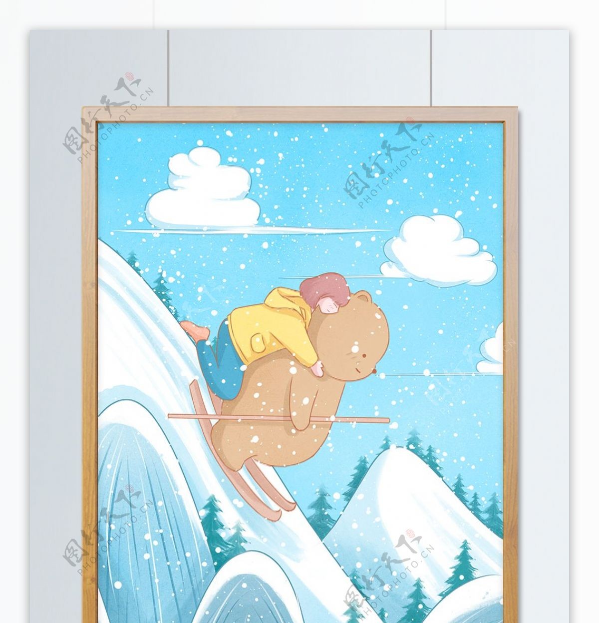 冬季滑雪场景小清新插画背着女孩滑雪的小熊
