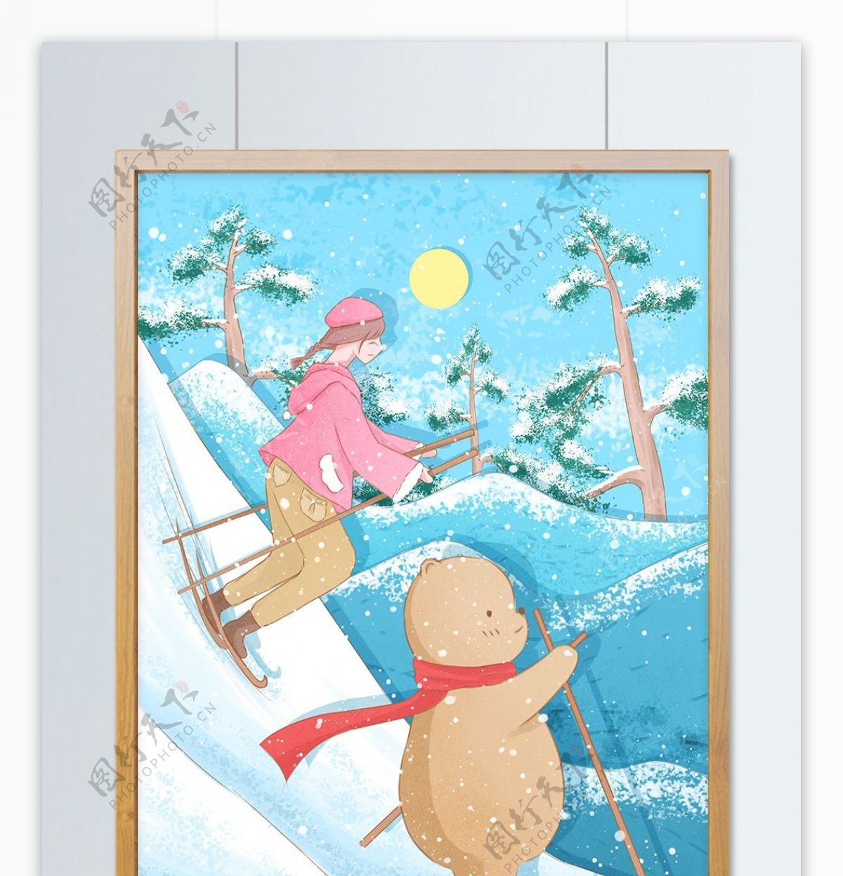 冬季滑雪场景清新水彩插画滑雪的红衣女孩