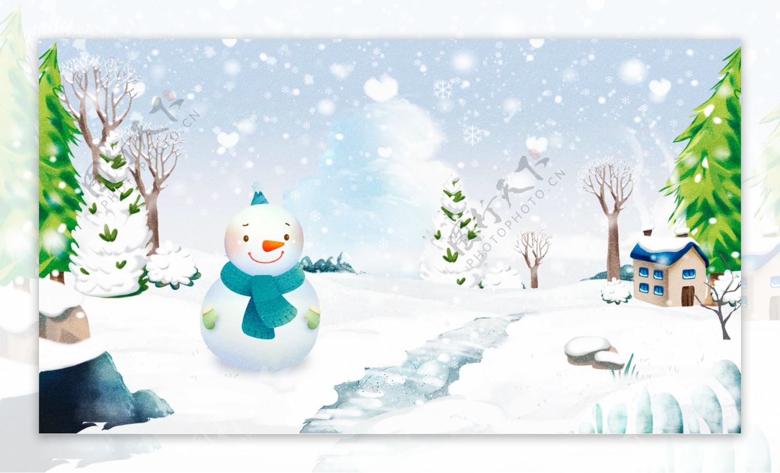 原创手绘冬季雪景美丽雪景插画