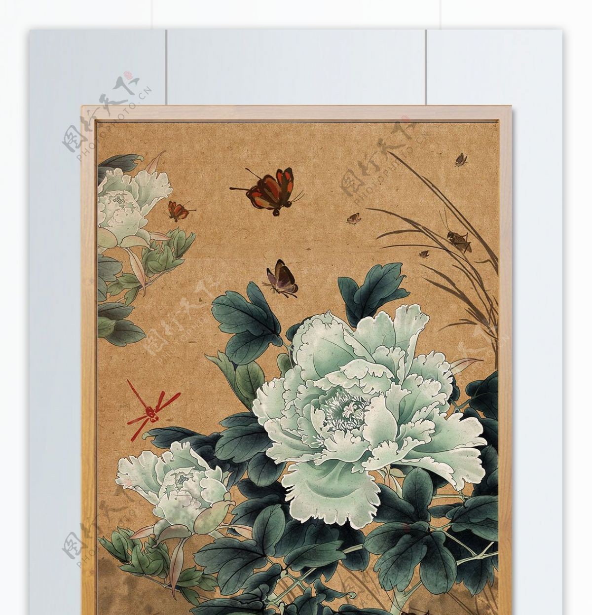 中国风复古水墨做旧牡丹蝴蝶嬉戏图