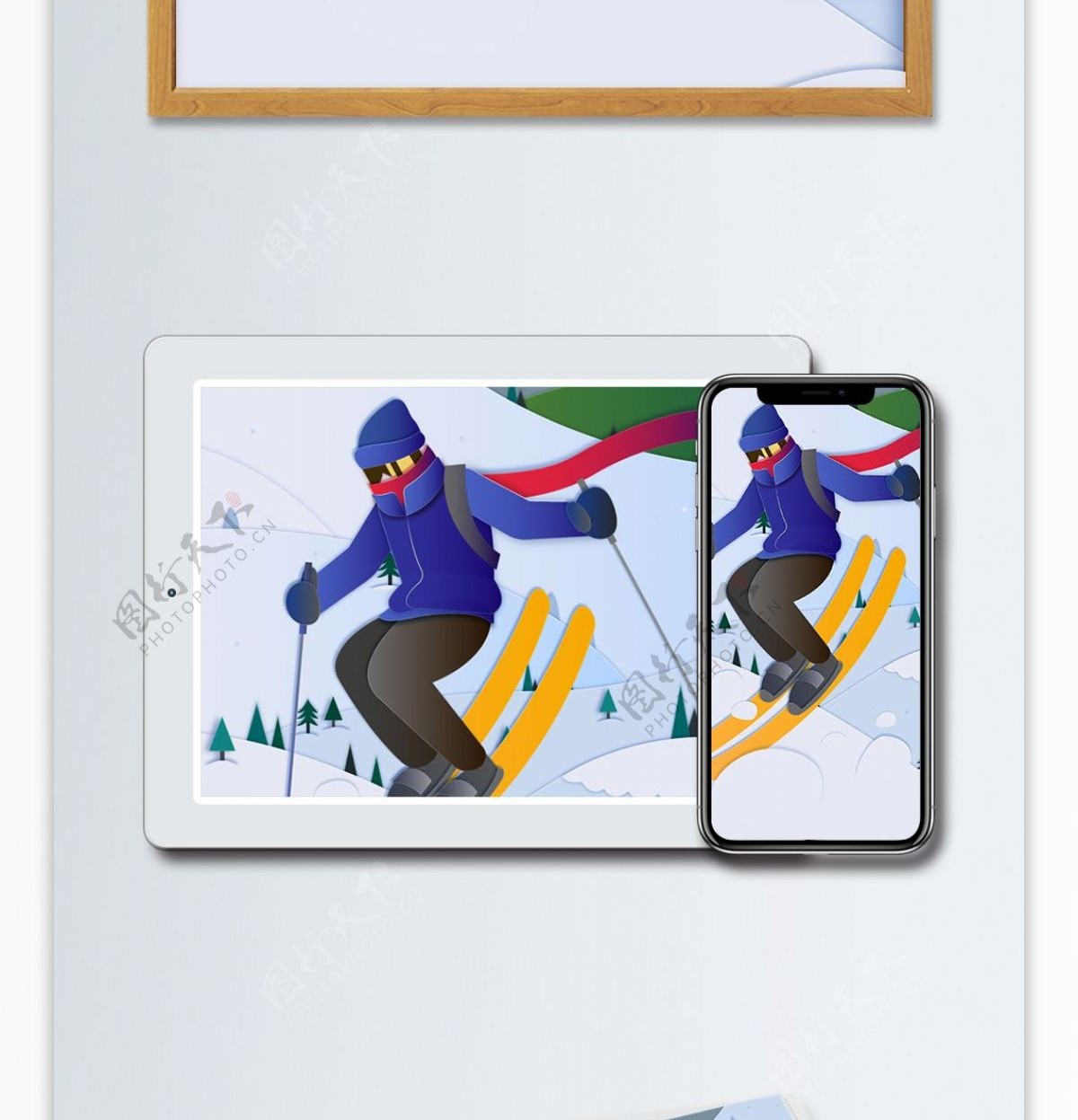 滑雪人物场景下雪冬季剪纸