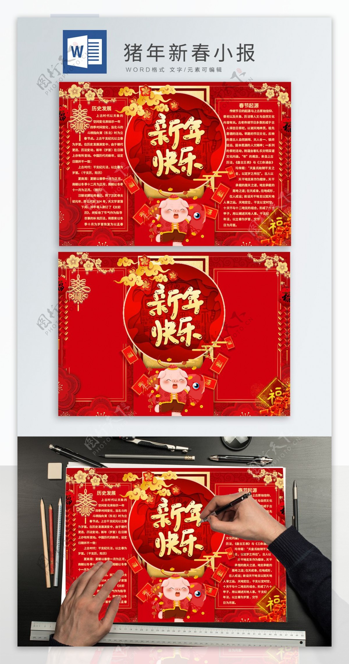 红色喜庆2019猪年新春春节小报