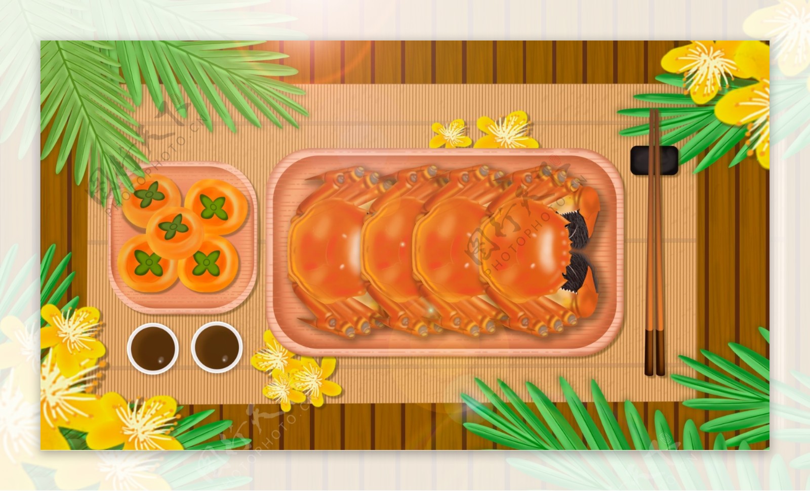原创细腻写实大闸蟹与柿子美食插画