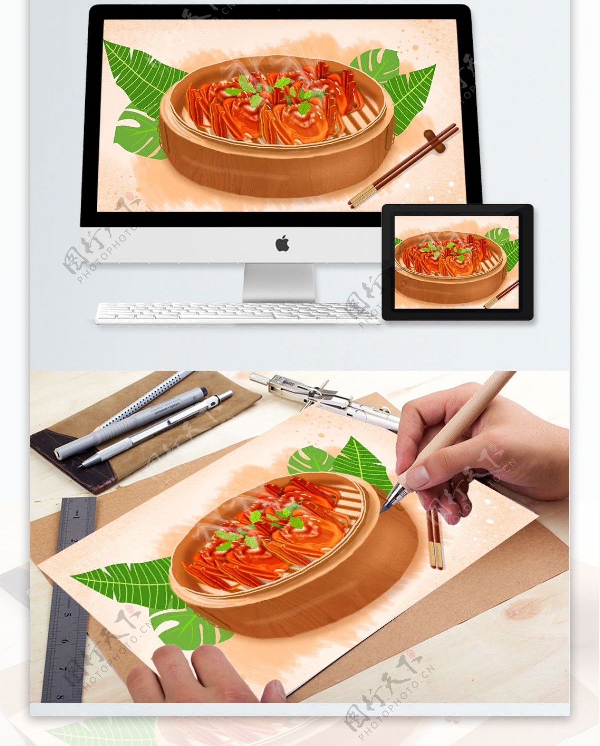 原创秋天美食大蒸屉上的大闸蟹插画