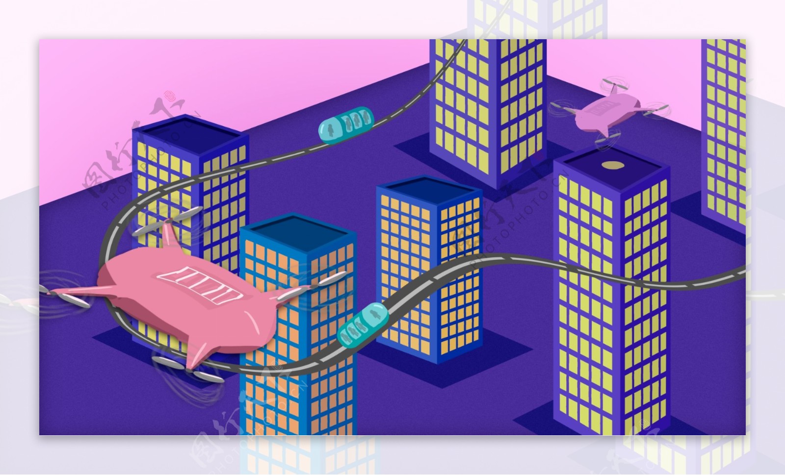 科技未来城市胶囊轨道插画