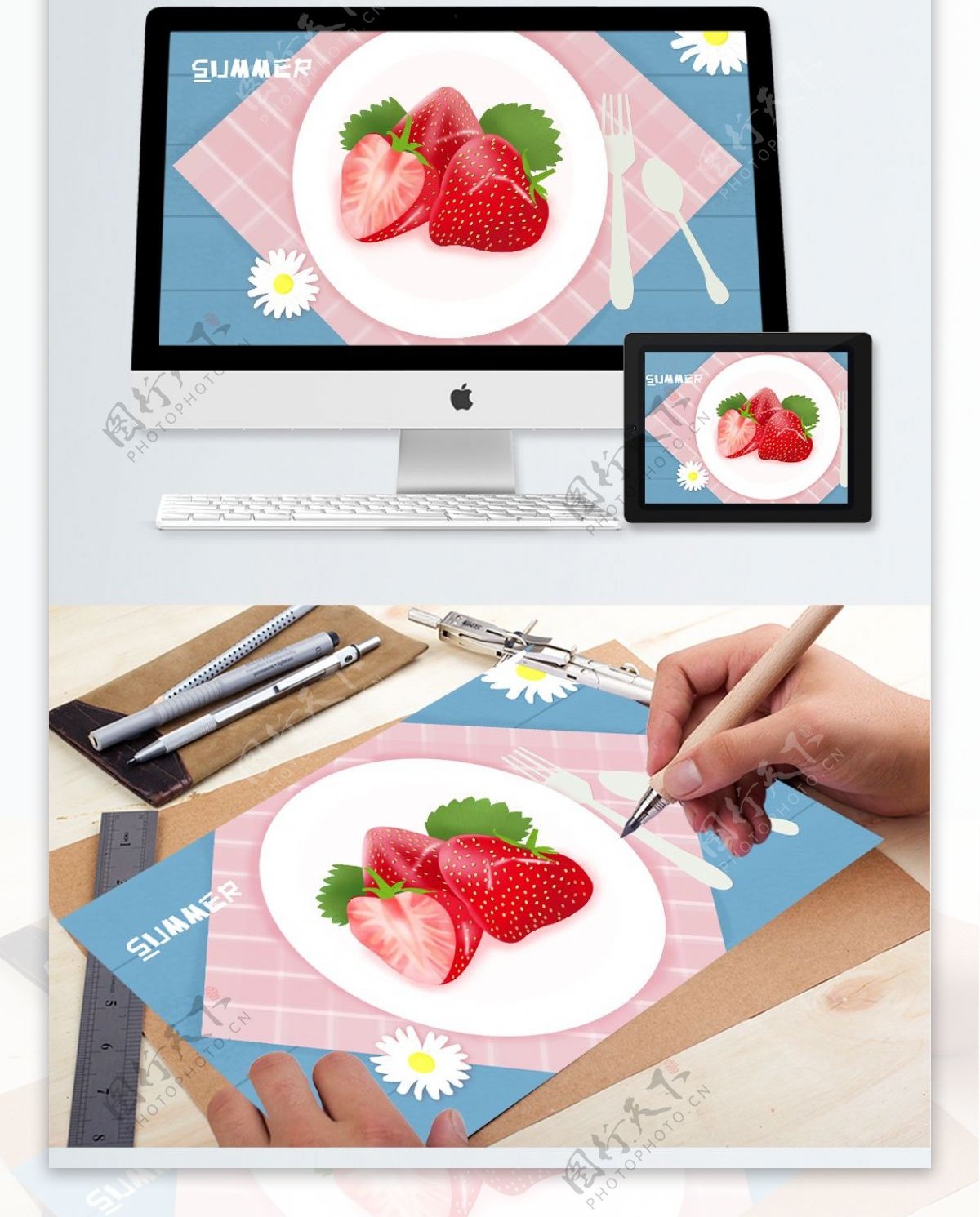 夏至夏季草莓季可口美味的草莓原创插画