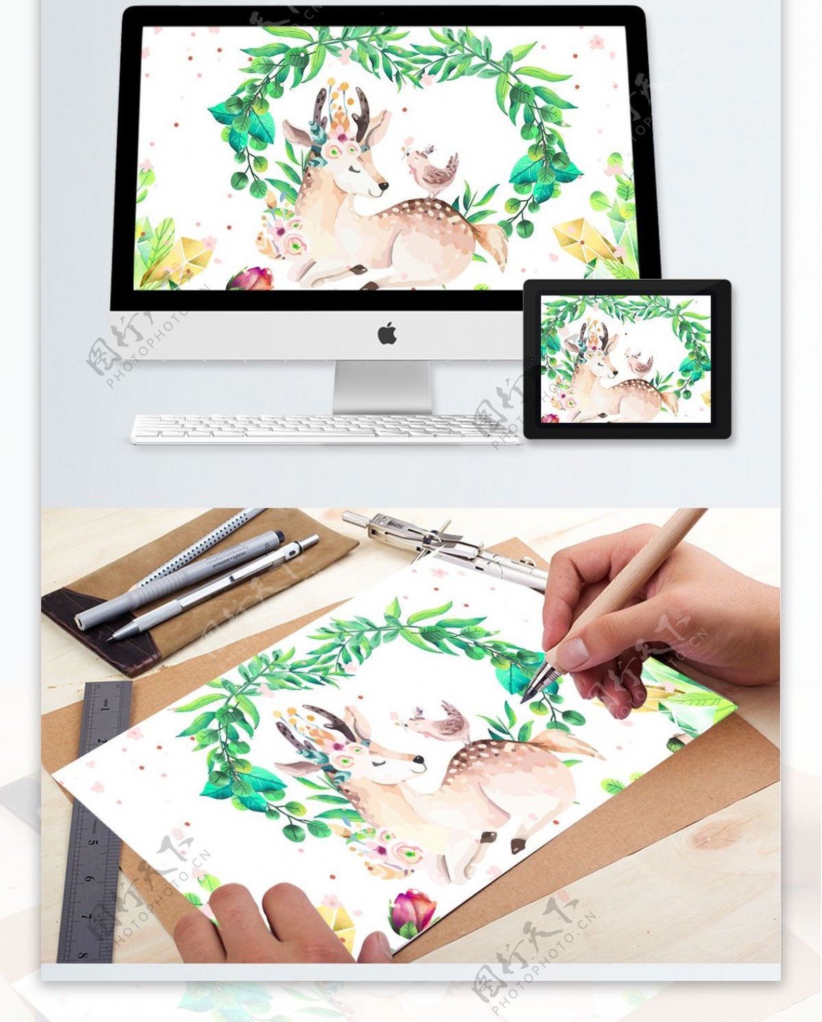 原创绘画儿童绘本水彩可爱的动物小鸟小鹿